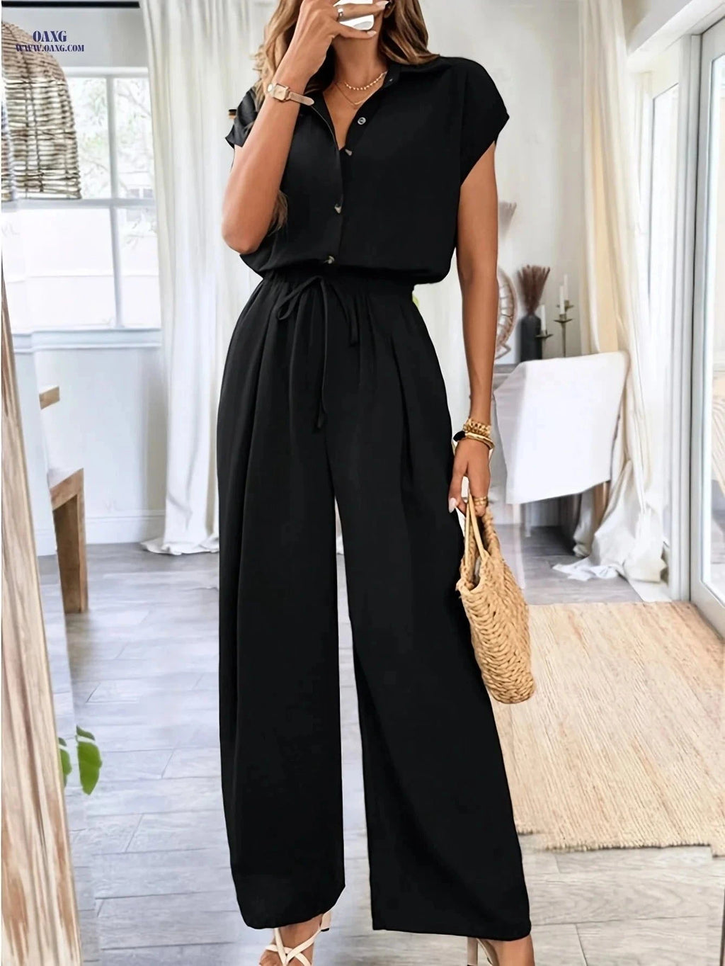 Elegant Women's Wide-Leg Jumpsuit - Solid Color for All Seasons   OAXG Black / S