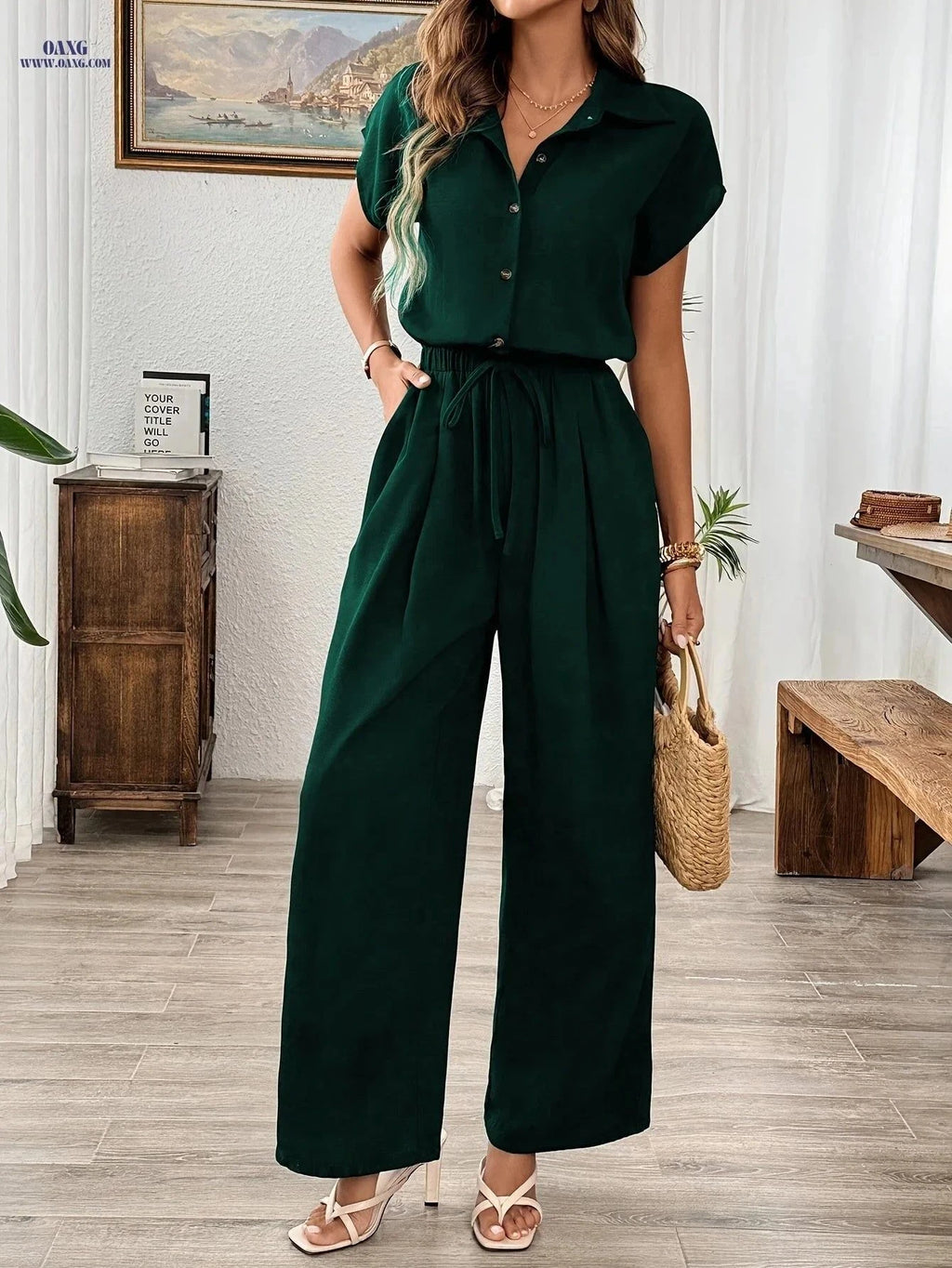 Elegant Women's Wide-Leg Jumpsuit - Solid Color for All Seasons   OAXG Black / S