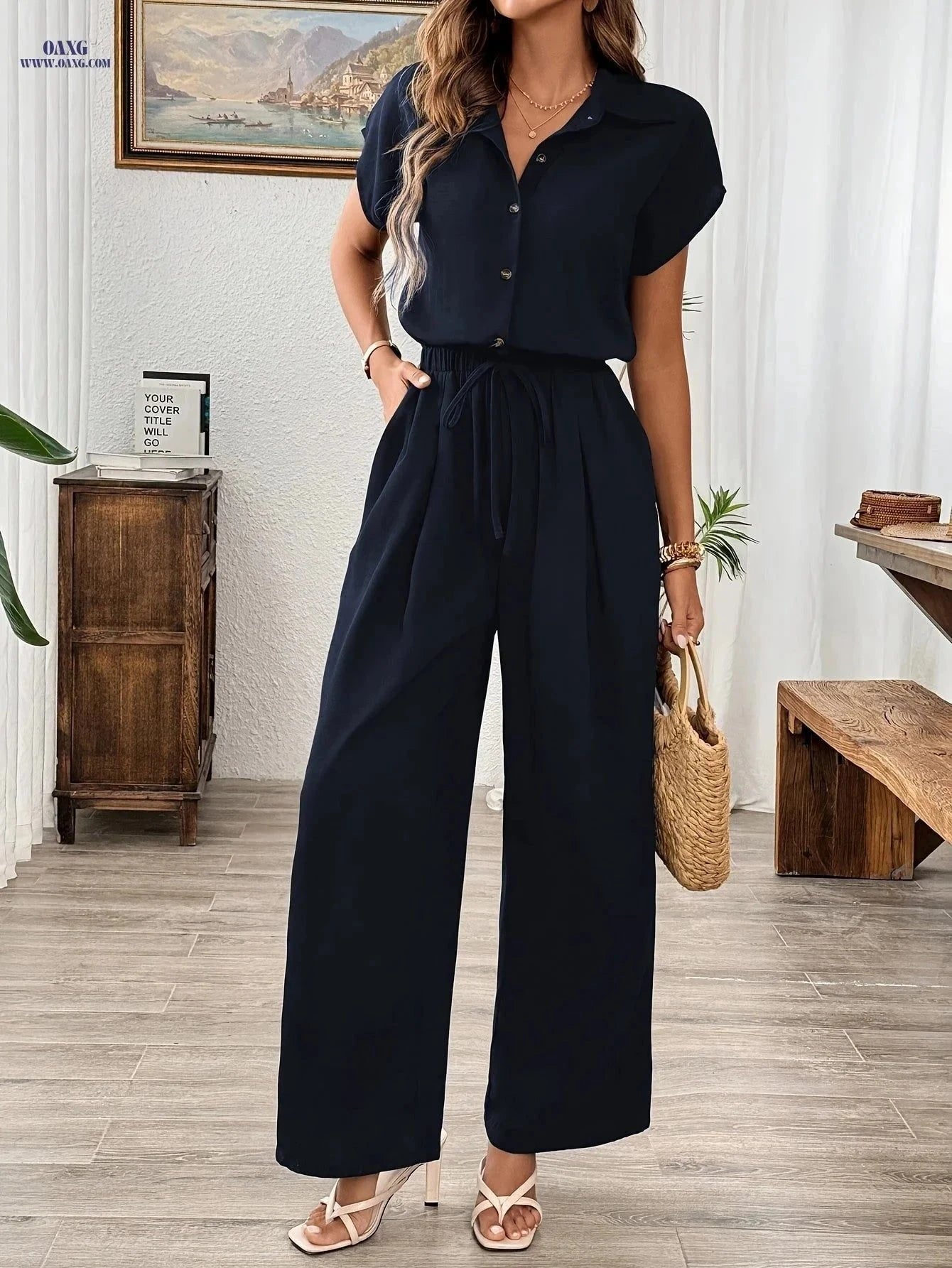 Elegant Women's Wide-Leg Jumpsuit - Solid Color for All Seasons   OAXG Black / S