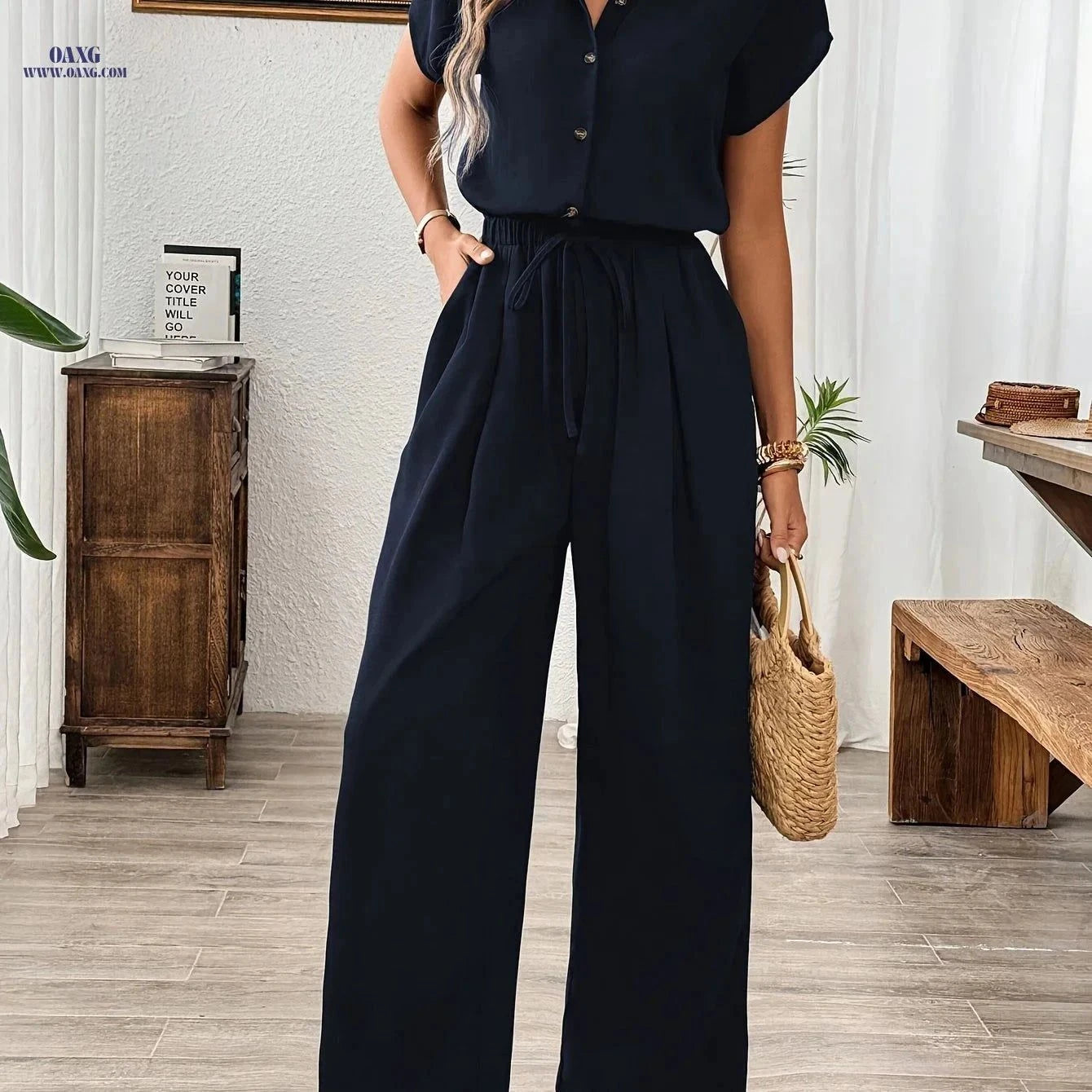 Elegant Women's Wide-Leg Jumpsuit - Solid Color for All Seasons   OAXG Black / S