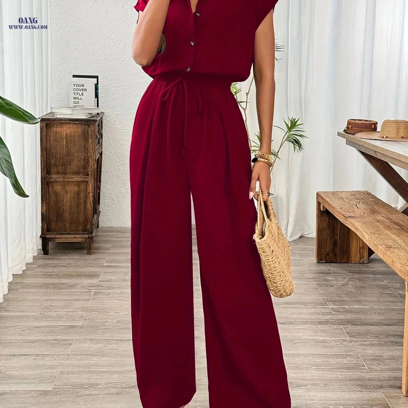 Elegant Women's Wide-Leg Jumpsuit - Solid Color for All Seasons   OAXG Black / S