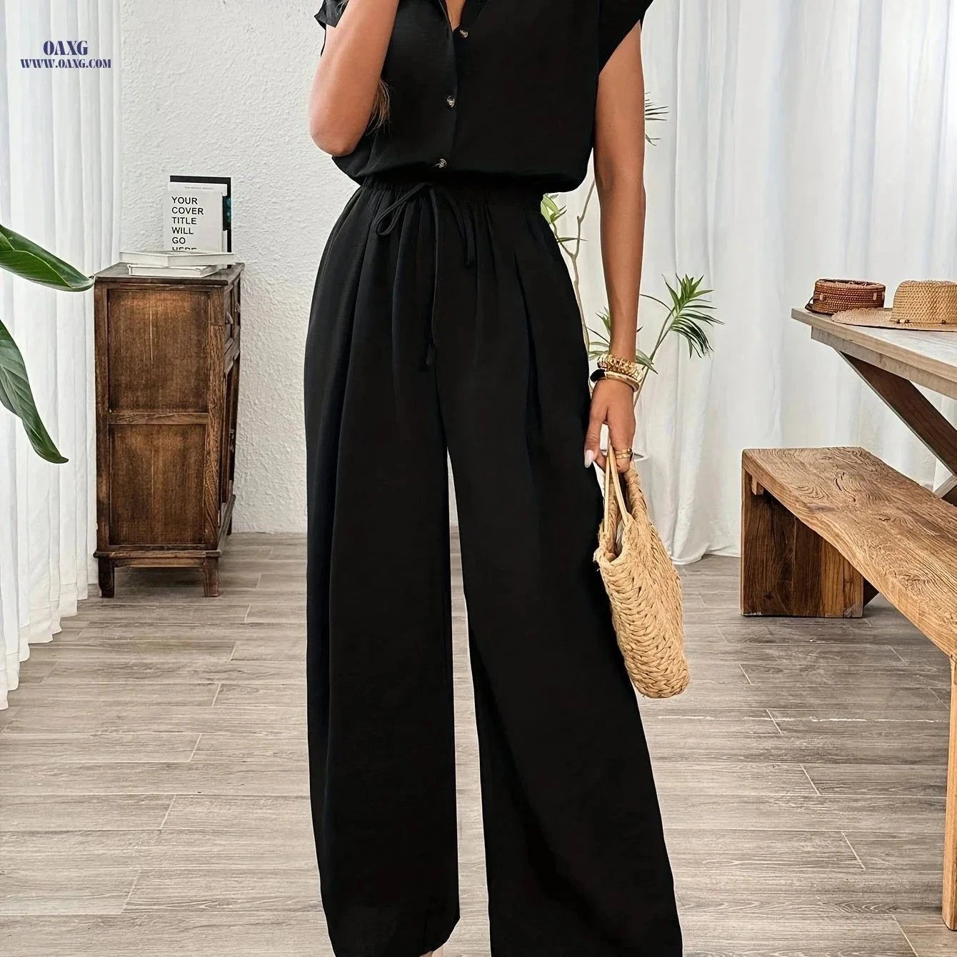 Elegant Women's Wide-Leg Jumpsuit - Solid Color for All Seasons   OAXG Black / S