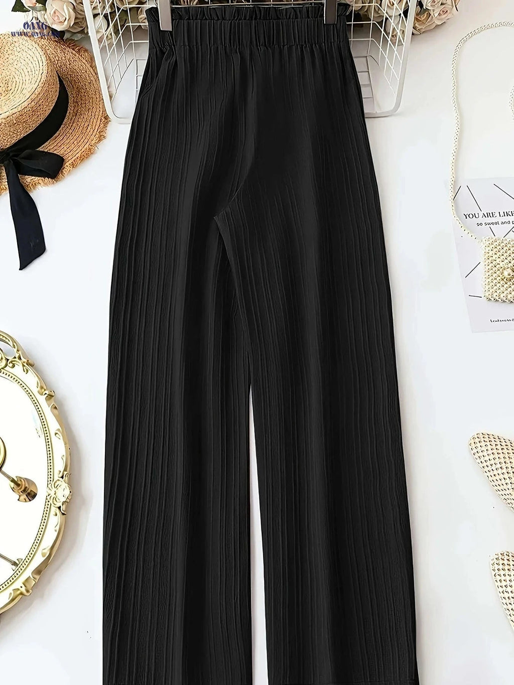 Elegant Women's Wide-Leg Pants - Casual Bow-Tie Design, All-Season   OAXG Black / S
