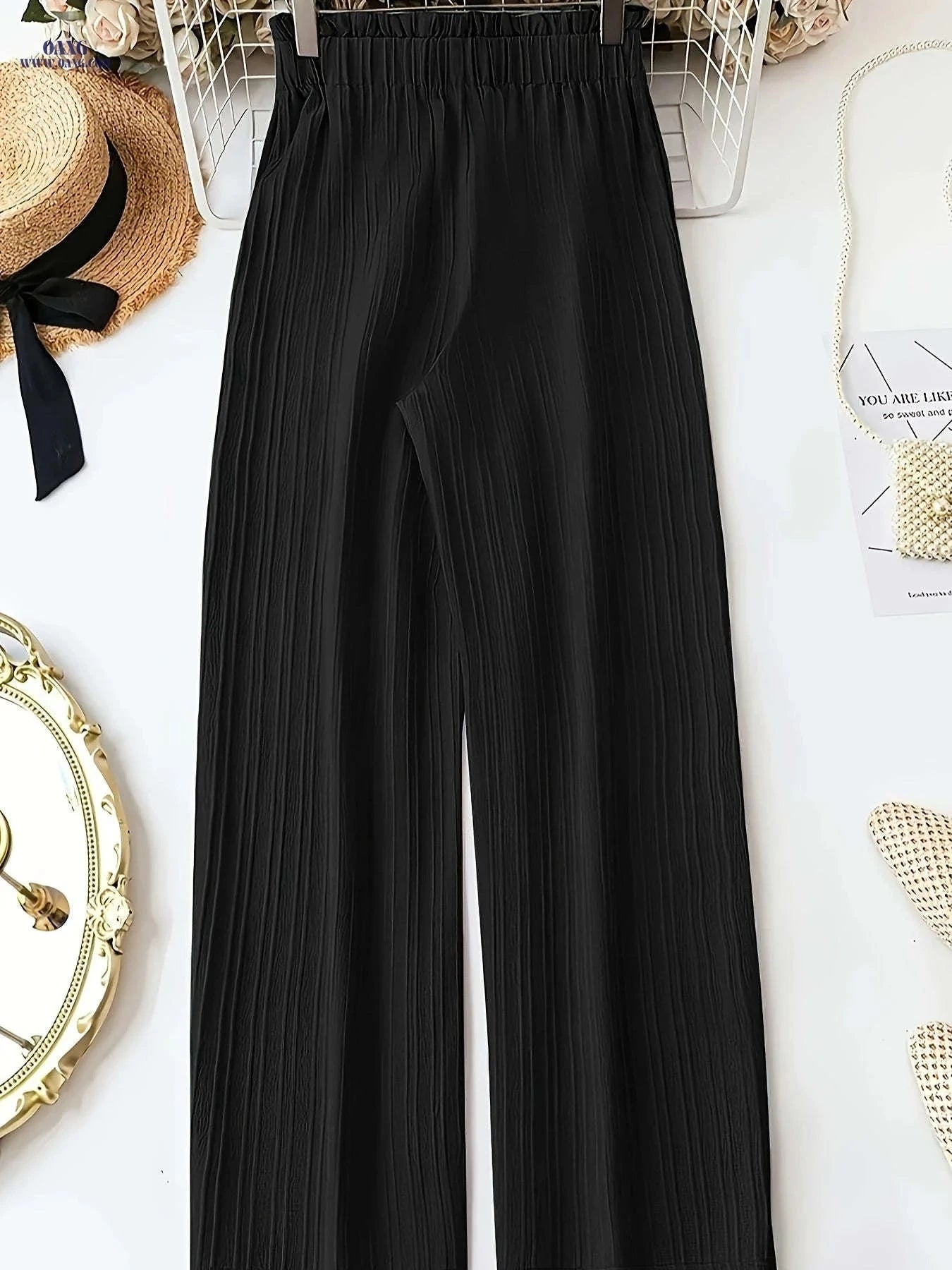 Elegant Women's Wide-Leg Pants - Casual Bow-Tie Design, All-Season   OAXG Black / S