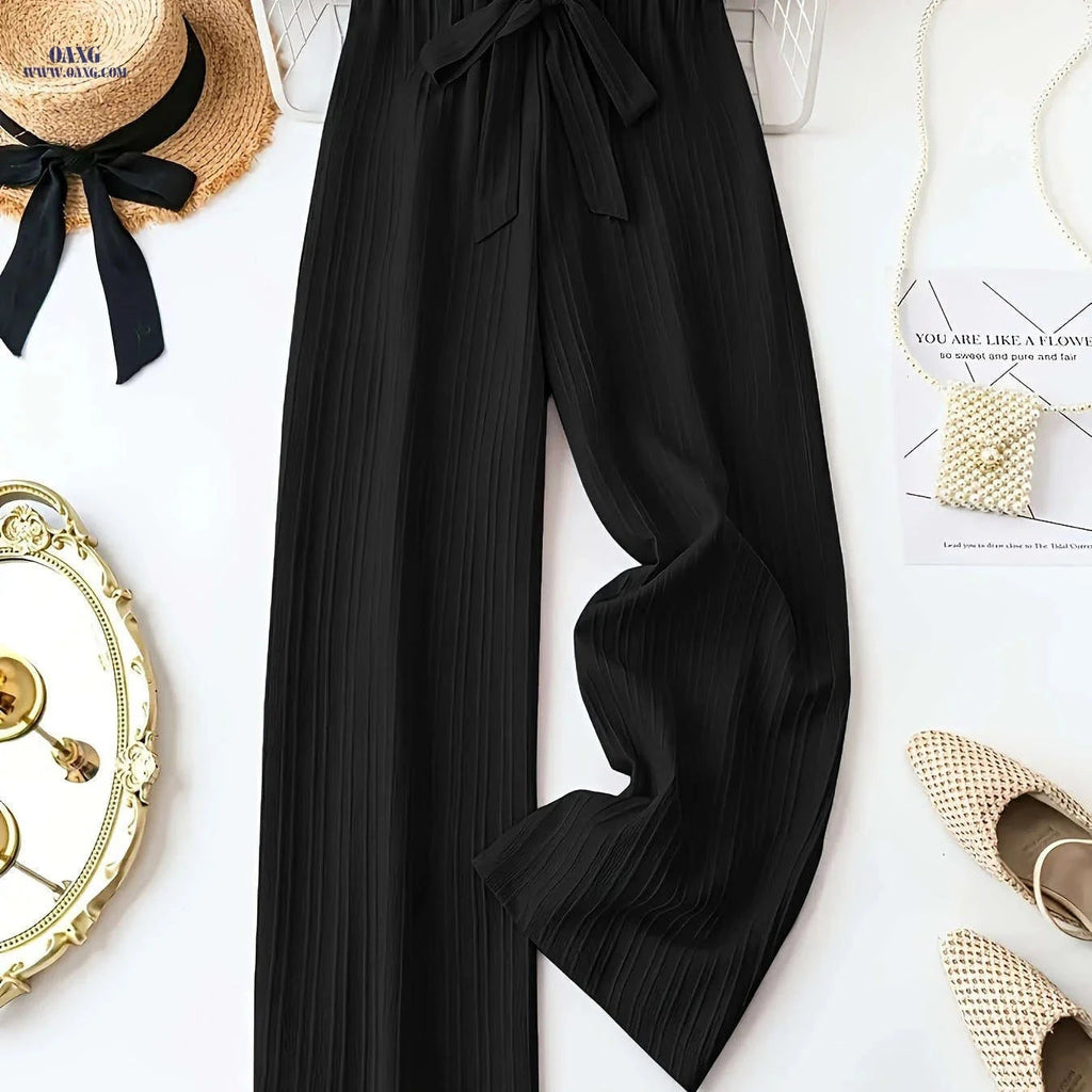 Elegant Women's Wide-Leg Pants - Casual Bow-Tie Design, All-Season   OAXG Black / S