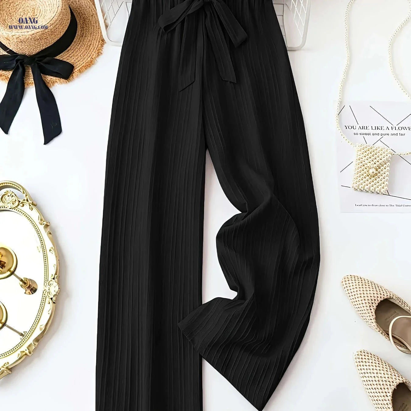 Elegant Women's Wide-Leg Pants - Casual Bow-Tie Design, All-Season   OAXG Black / S