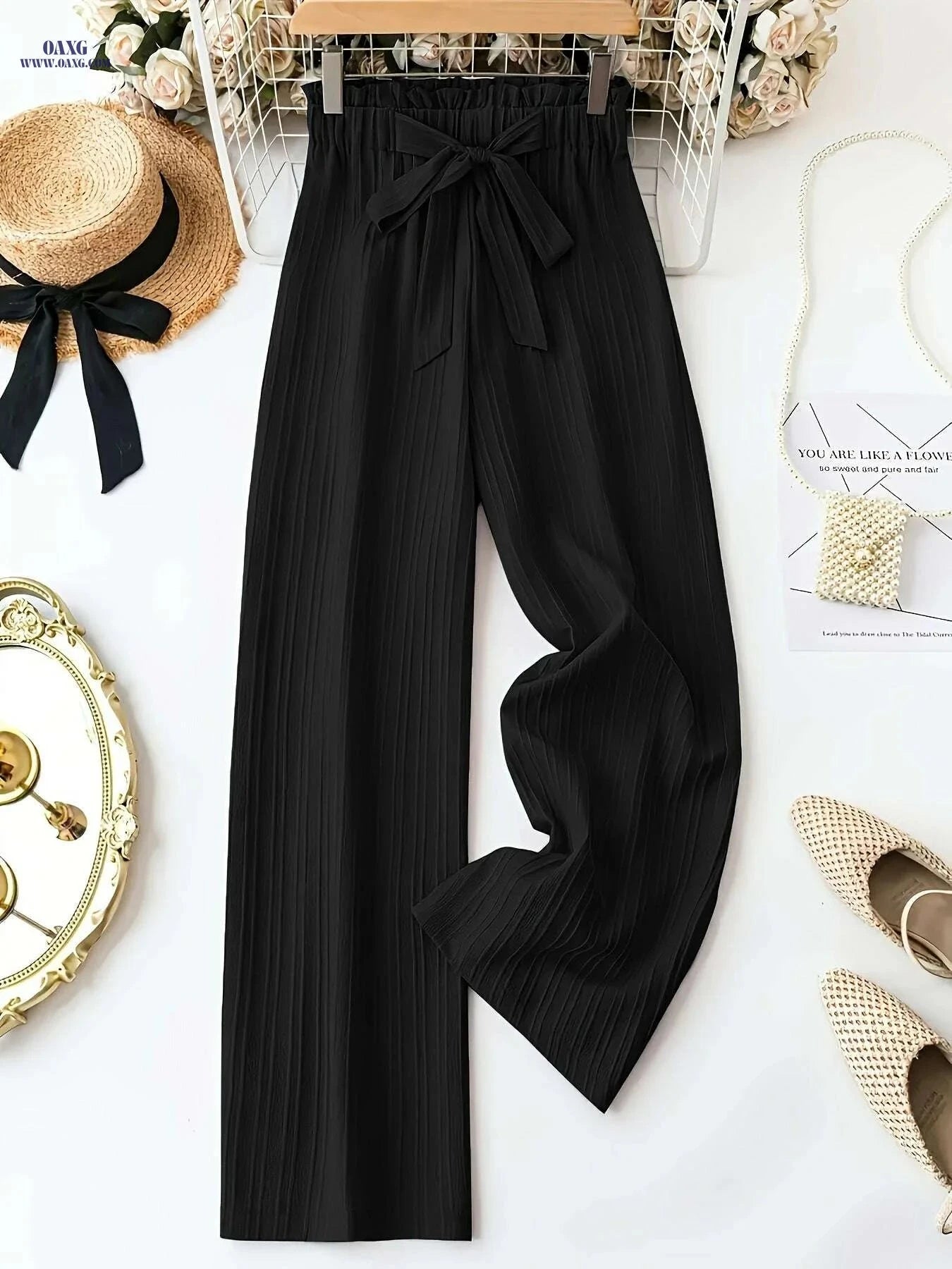 Elegant Women's Wide-Leg Pants - Casual Bow Tie Design for All Seasons   OAXG Black / S