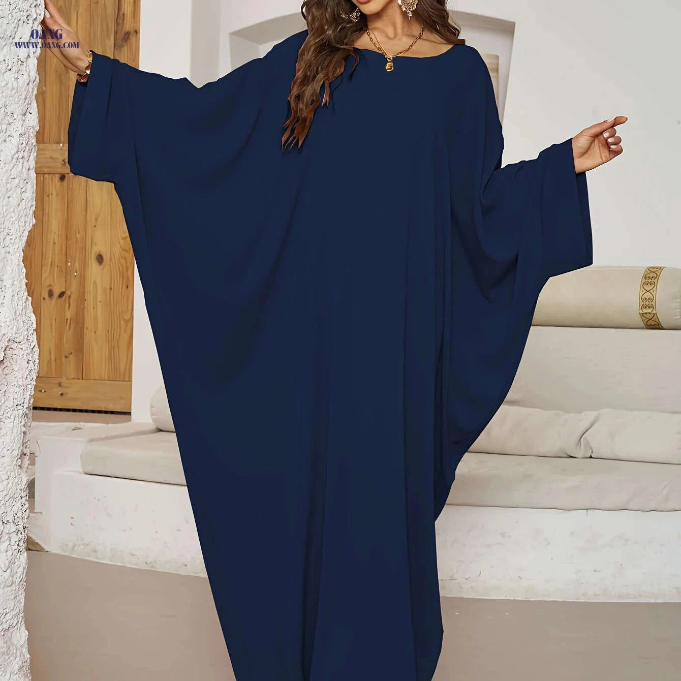 Elegant Women's Wide-Sleeve Abaya Dress - Solid Color Casual Style   OAXG Deep Sky Blue / Asian One-size