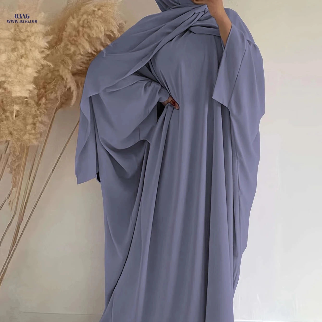 Elegant Women's Wide-Sleeve Abaya Dress - Solid Color Casual Style   OAXG 