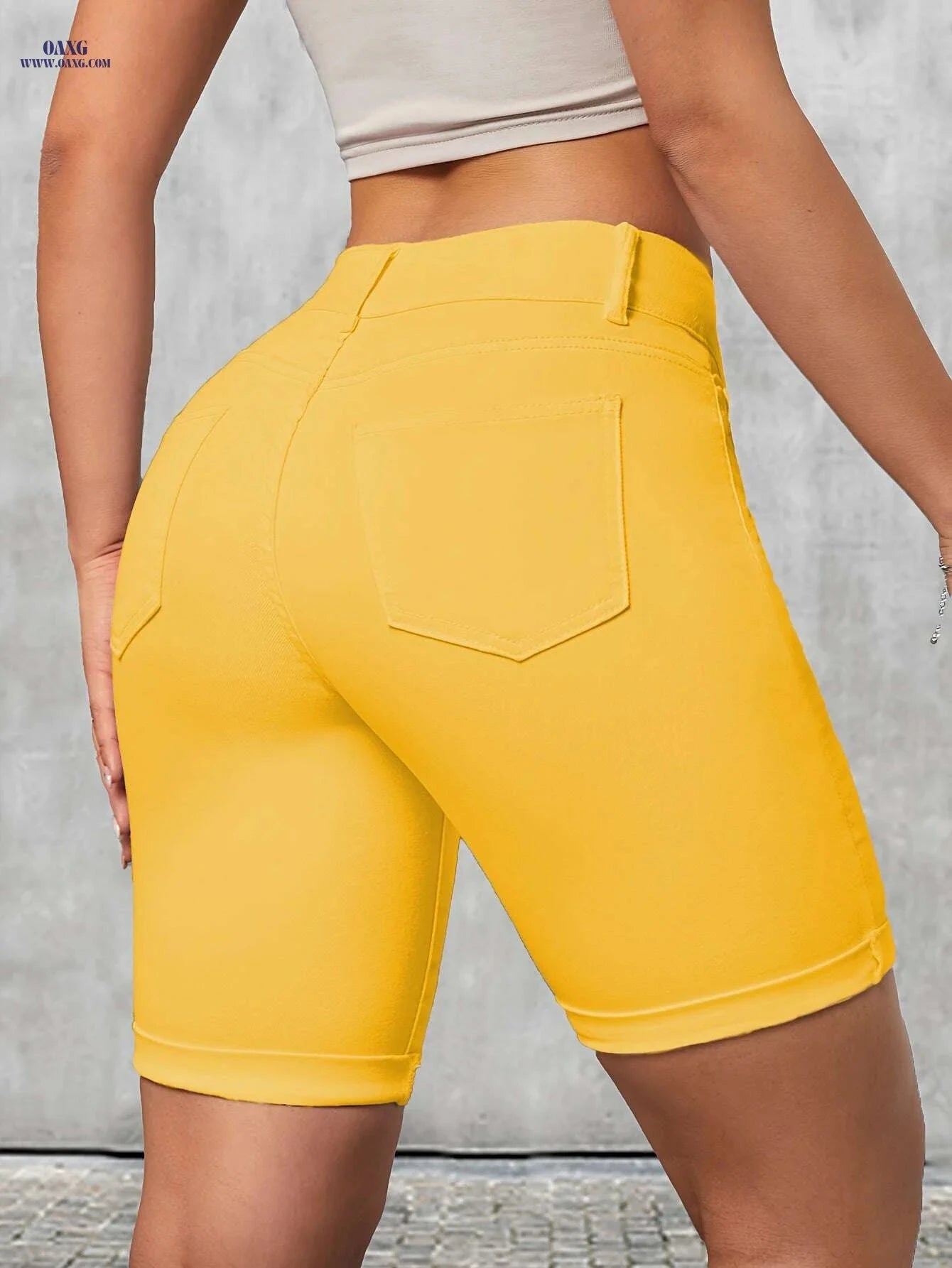 Elegant Women's Yellow Bermuda Shorts - Stretchy, Slim Fit, Pockets   OAXG 