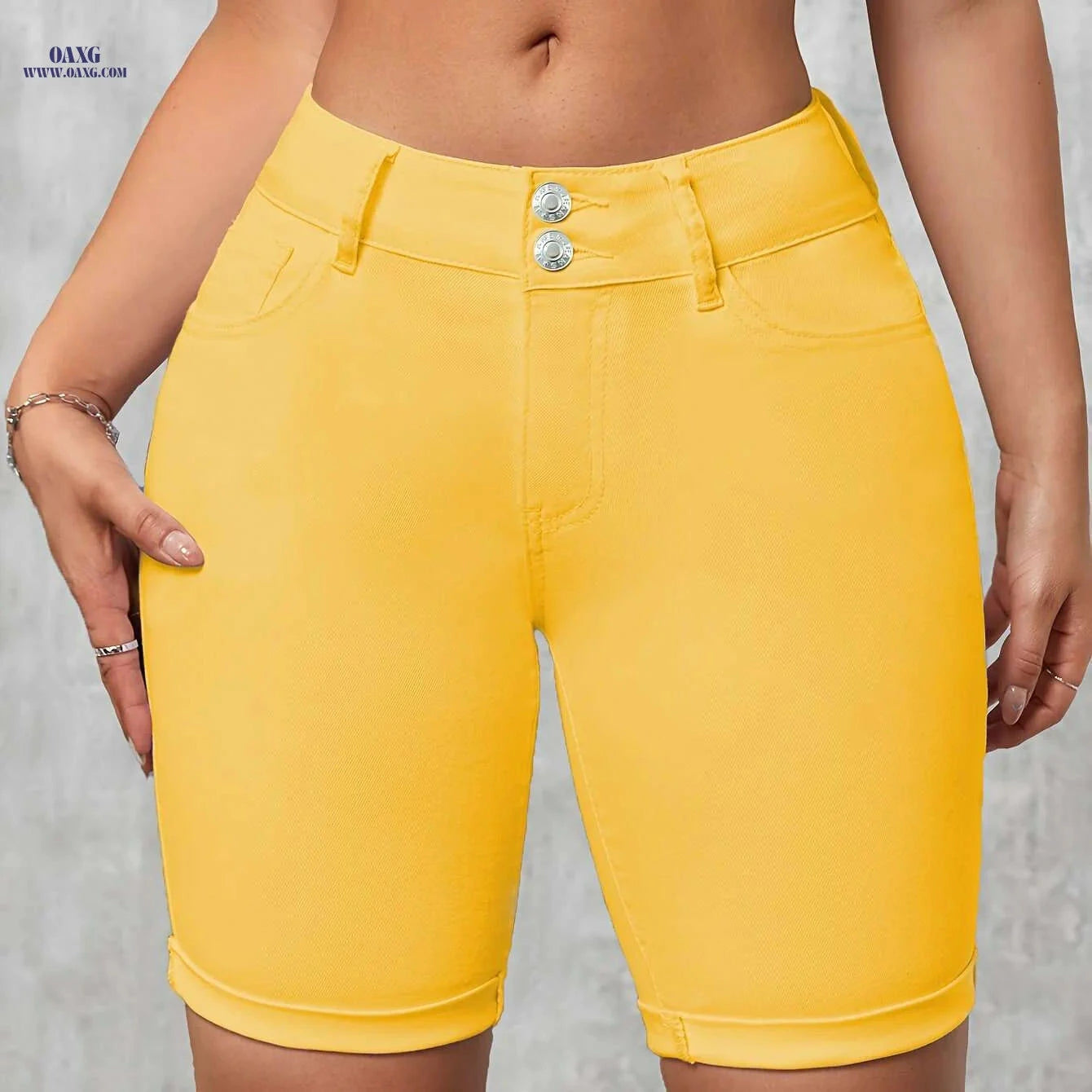 Elegant Women's Yellow Bermuda Shorts - Stretchy, Slim Fit, Pockets   OAXG 