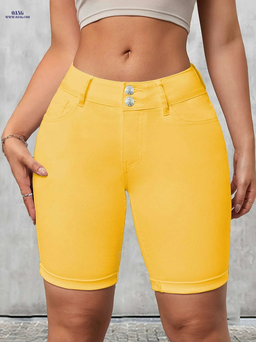 Elegant Women's Yellow Bermuda Shorts - Stretchy, Slim Fit, Pockets   OAXG 