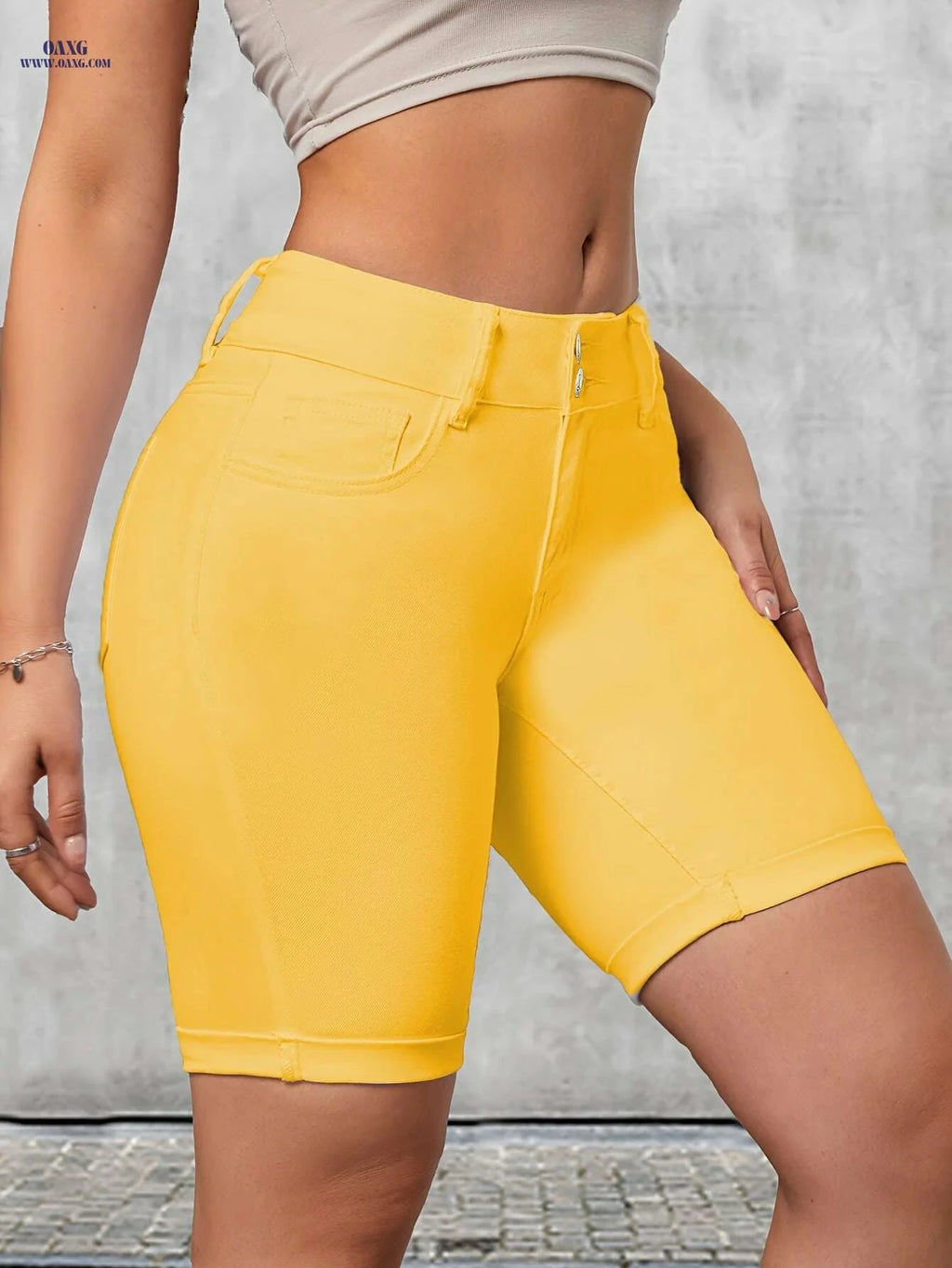 Elegant Women's Yellow Bermuda Shorts - Stretchy, Slim Fit, Pockets   OAXG 