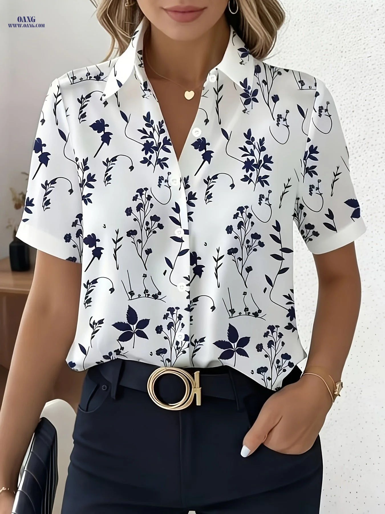 New Summer Short-Sleeve Digital Print Shirt, Fashionable and Elegant Women's Blouse, Casual Professional Office Commuter Top   OAXG White / S