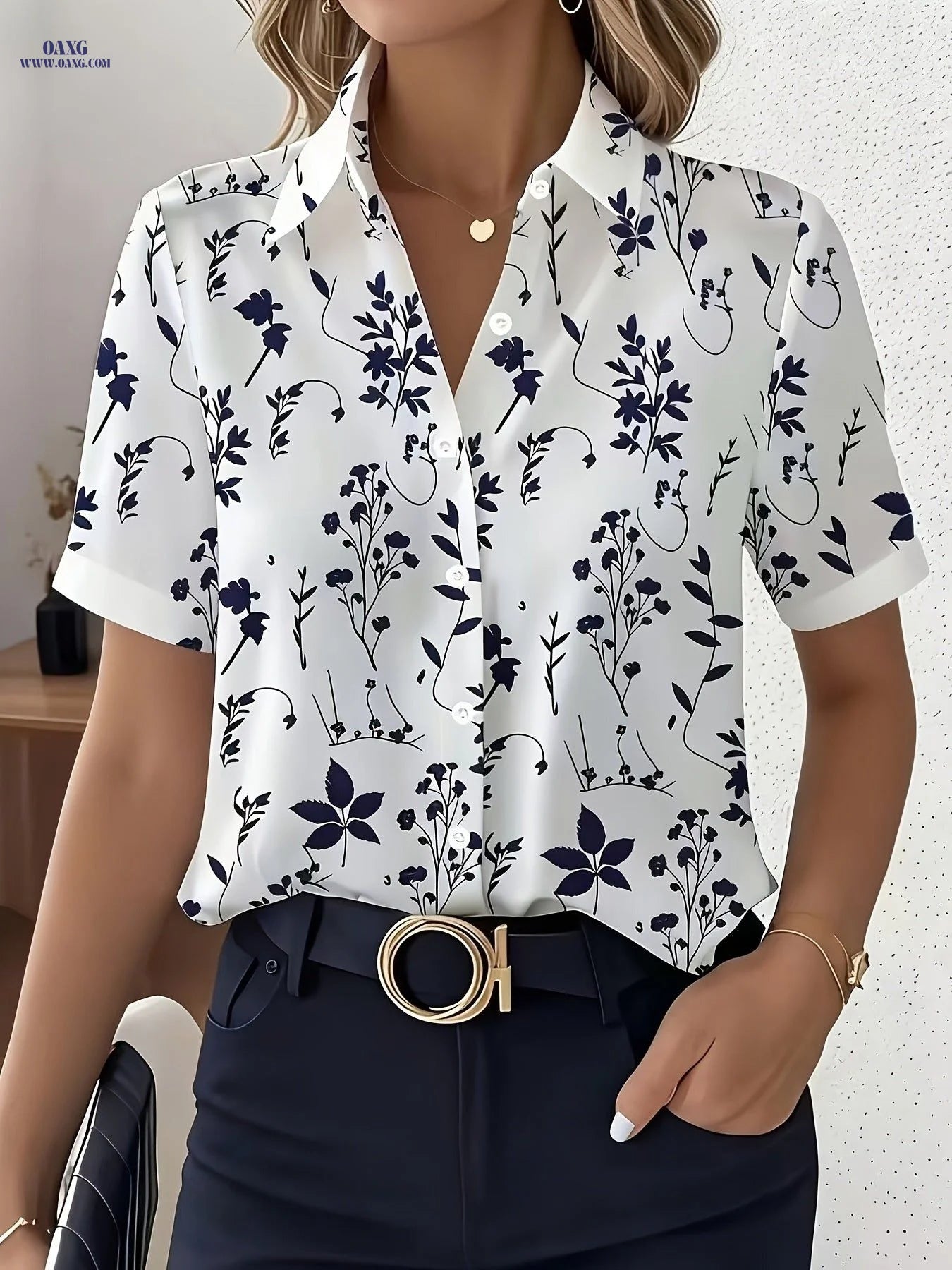 New Summer Short-Sleeve Digital Print Shirt, Fashionable and Elegant Women's Blouse, Casual Professional Office Commuter Top   OAXG White / S