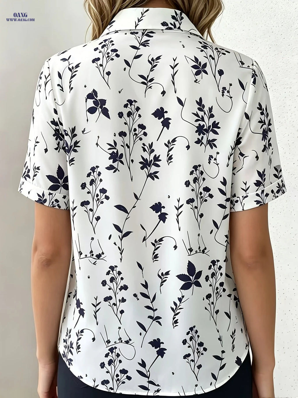 New Summer Short-Sleeve Digital Print Shirt, Fashionable and Elegant Women's Blouse, Casual Professional Office Commuter Top   OAXG White / S