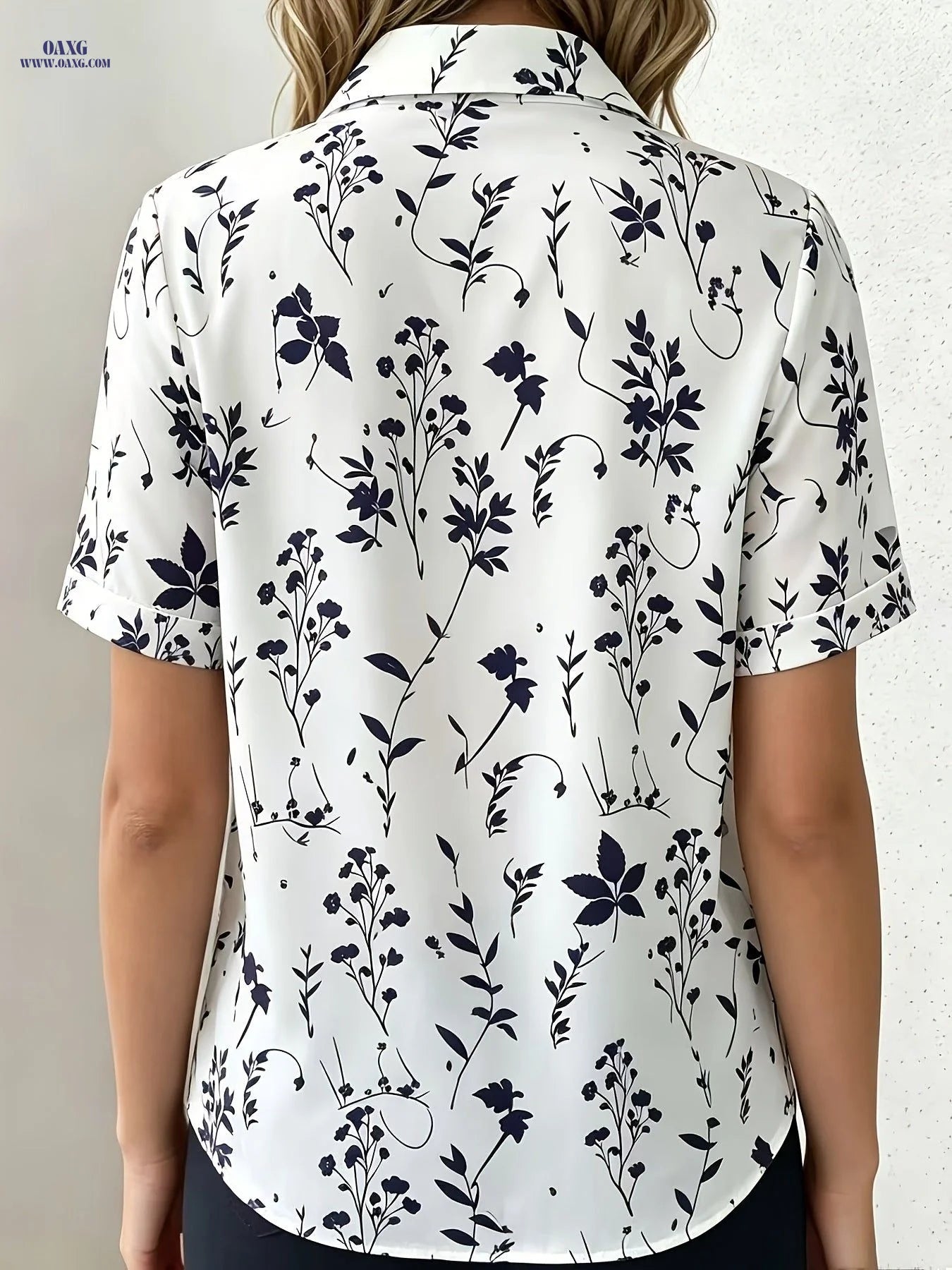 New Summer Short-Sleeve Digital Print Shirt, Fashionable and Elegant Women's Blouse, Casual Professional Office Commuter Top   OAXG White / S