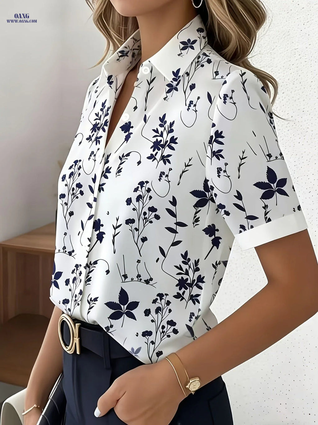 New Summer Short-Sleeve Digital Print Shirt, Fashionable and Elegant Women's Blouse, Casual Professional Office Commuter Top   OAXG White / S