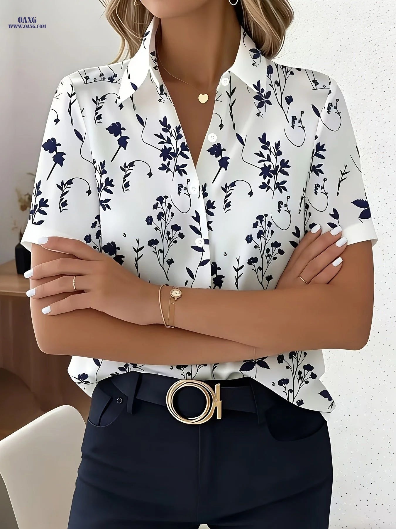 New Summer Short-Sleeve Digital Print Shirt, Fashionable and Elegant Women's Blouse, Casual Professional Office Commuter Top   OAXG White / S