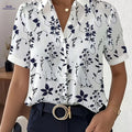 New Summer Short-Sleeve Digital Print Shirt, Fashionable and Elegant Women's Blouse, Casual Professional Office Commuter Top   OAXG White / S