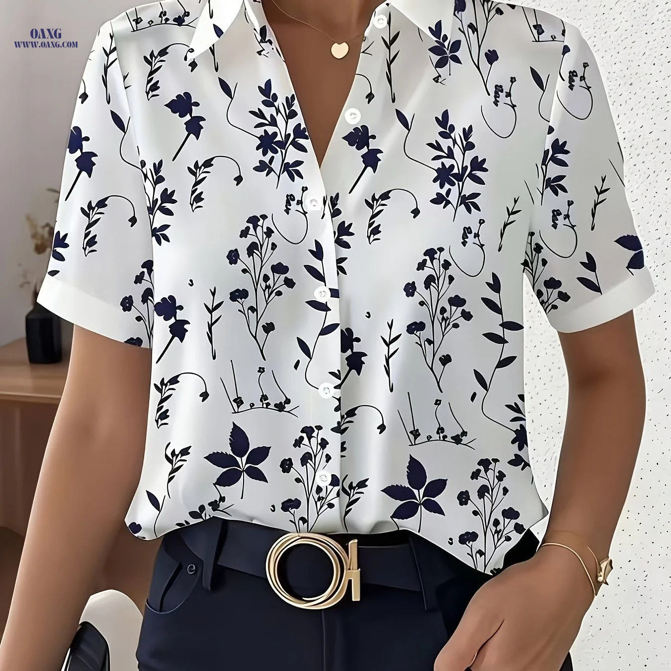 New Summer Short-Sleeve Digital Print Shirt, Fashionable and Elegant Women's Blouse, Casual Professional Office Commuter Top   OAXG White / S