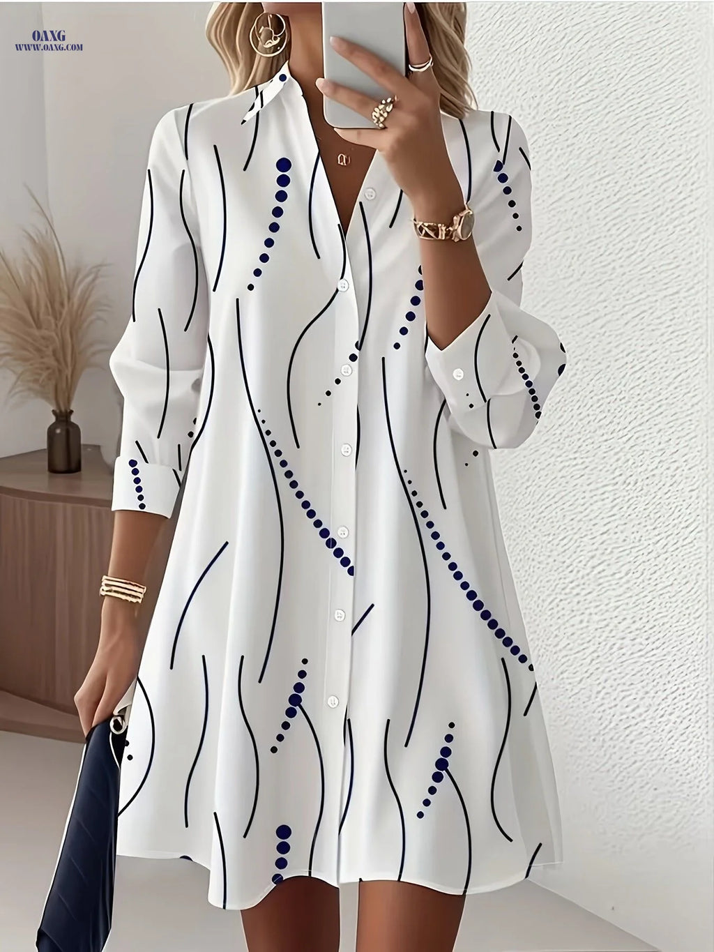 Elegant Women's Mid-Length Long-Sleeve Blouse Dress   OAXG Mixed colors / S