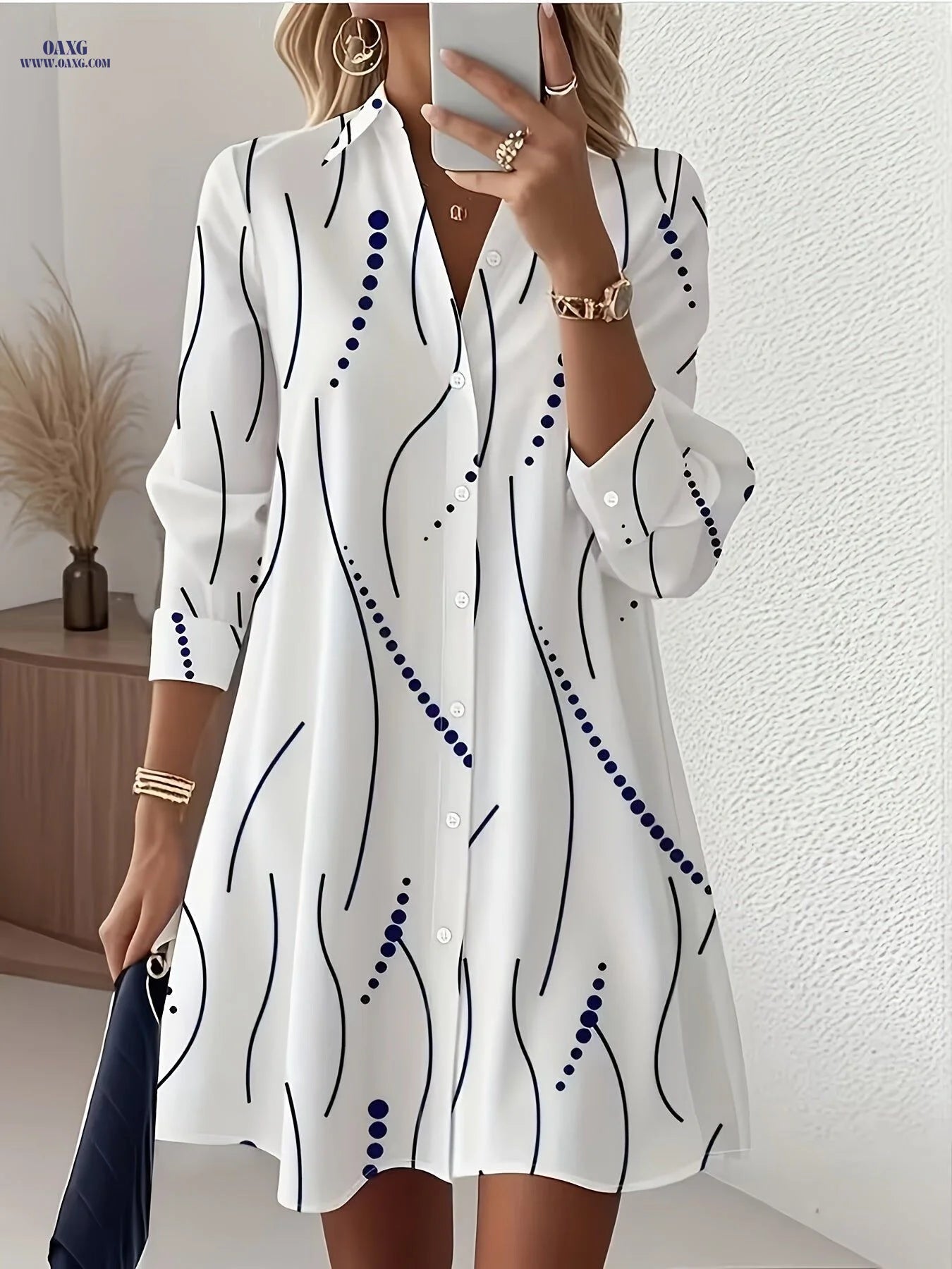 Elegant Women's Mid-Length Long-Sleeve Blouse Dress   OAXG Mixed colors / S