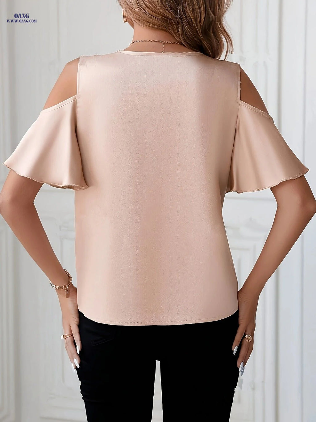 Women'S Off-Shoulder Lace Trim Blouse - Pink V-Neck Short Sleeve Shirting Top with Contrast Lace Detail, Summer Fashion for Adults, Adult Fashion Top | Lace Detailing | Vneck Collar, Lace Blouse   OAXG Nude Pink / S