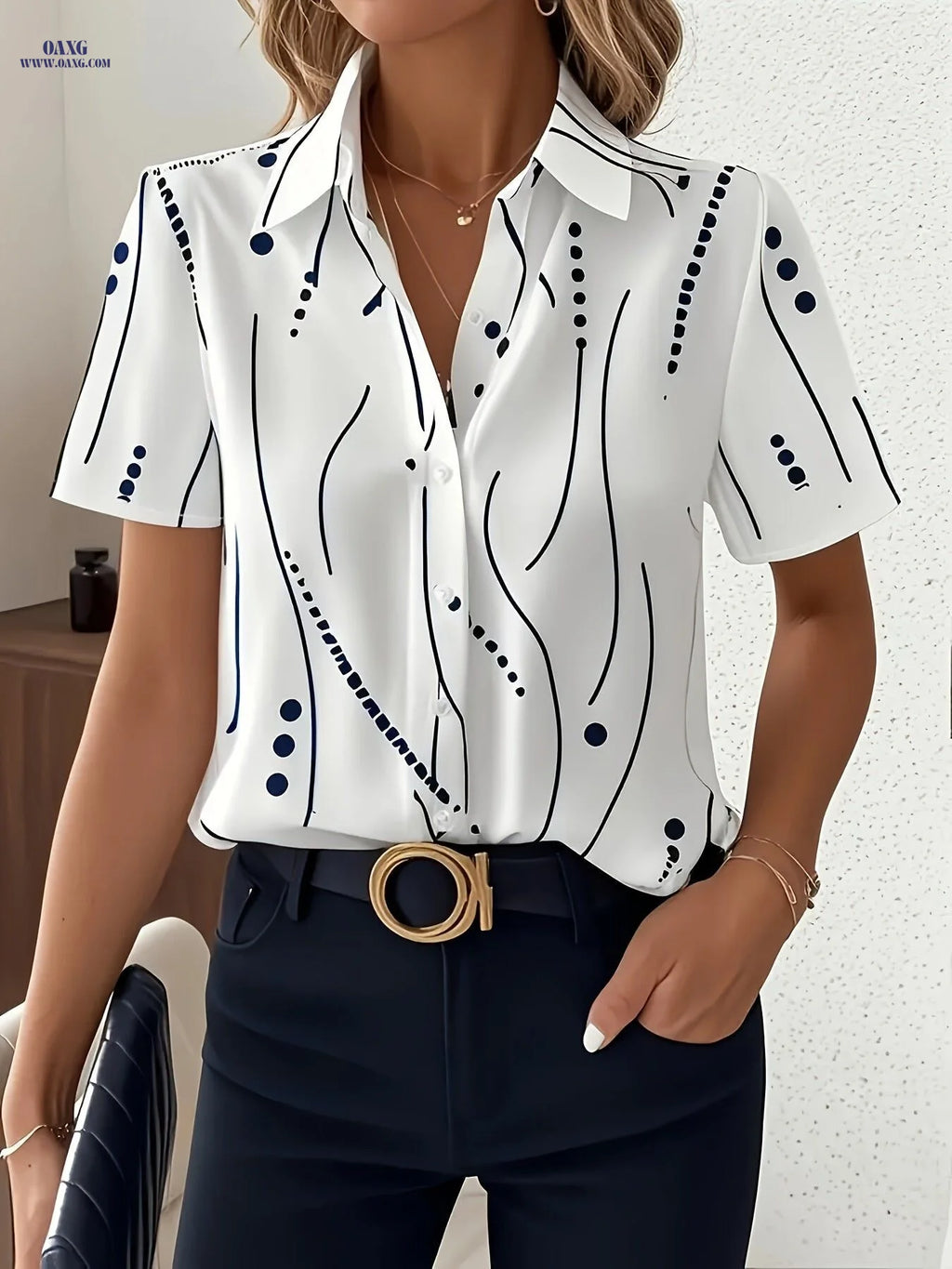 Elegant Women's Summer Striped Polka Dot Print Short Sleeve Shirt   OAXG Multicolor / S