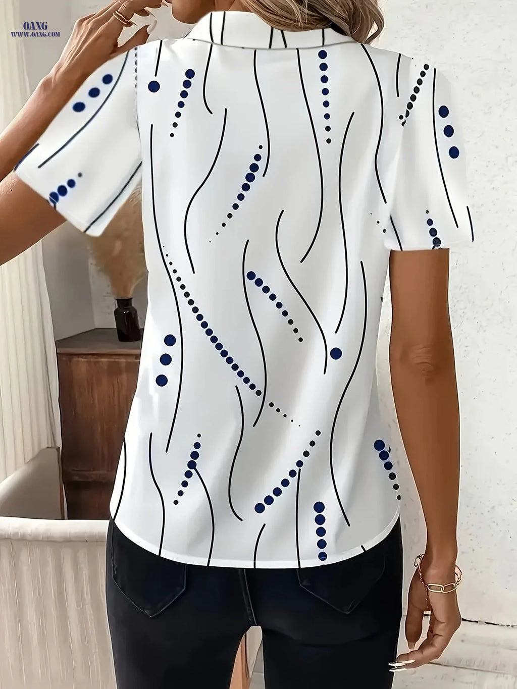 Elegant Women's Summer Striped Polka Dot Print Short Sleeve Shirt   OAXG Multicolor / S