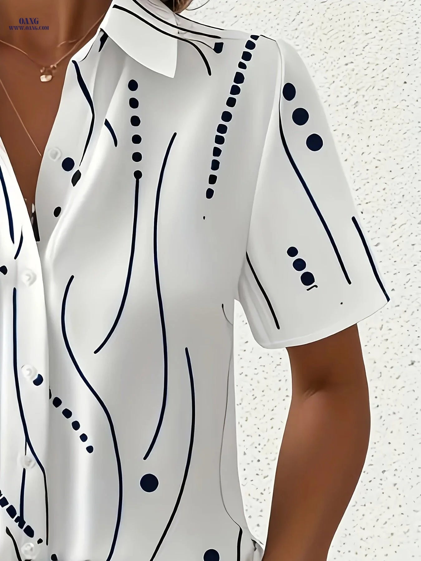 Elegant Women's Summer Striped Polka Dot Print Short Sleeve Shirt   OAXG Multicolor / S