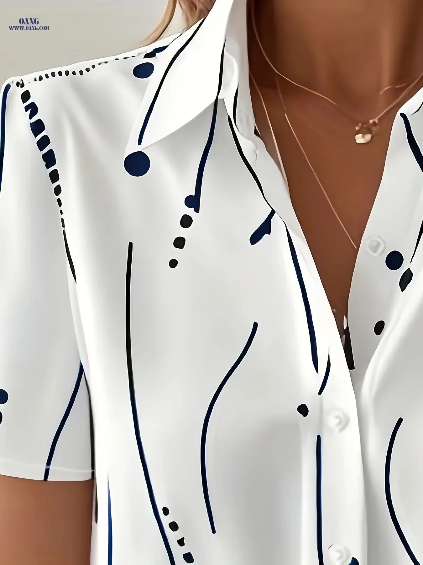 Elegant Women's Summer Striped Polka Dot Print Short Sleeve Shirt   OAXG Multicolor / S