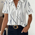 Elegant Women's Summer Striped Polka Dot Print Short Sleeve Shirt   OAXG Multicolor / S