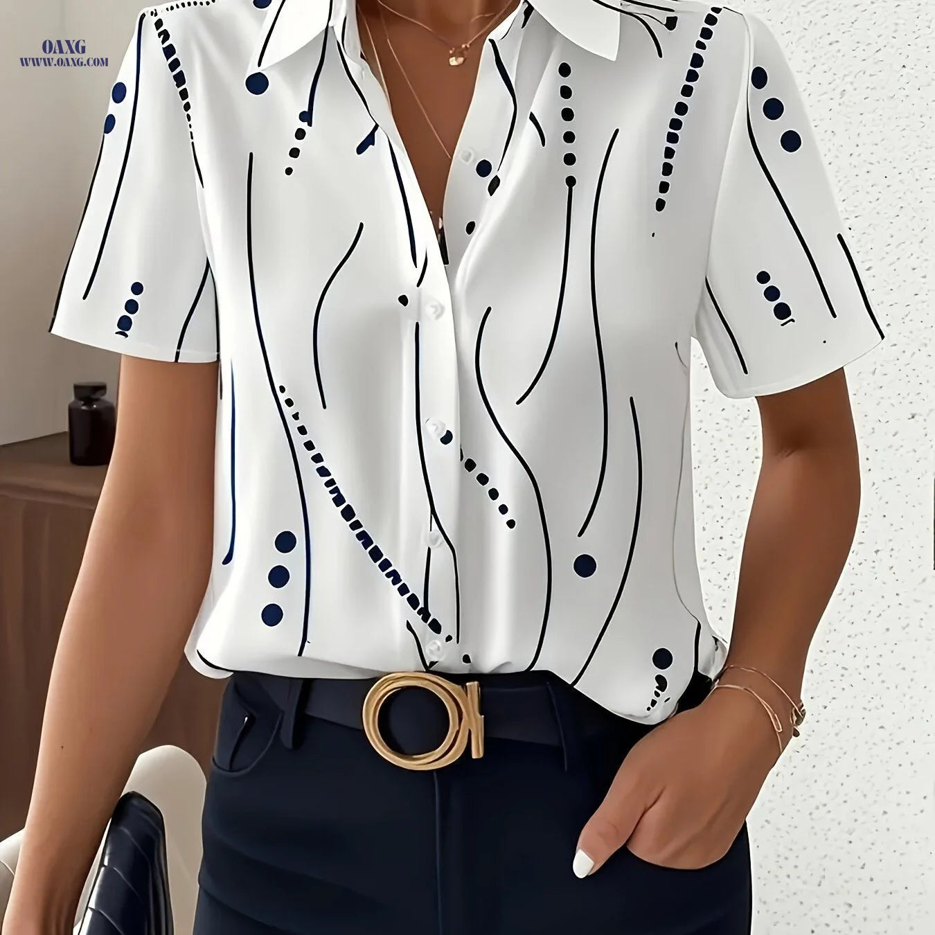 Elegant Women's Summer Striped Polka Dot Print Short Sleeve Shirt   OAXG Multicolor / S