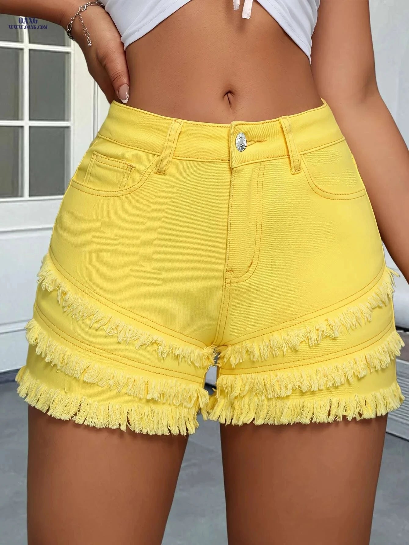 Elegant Yellow Tassel Shorts - Stretchy Cotton for Spring/Summer   OAXG 