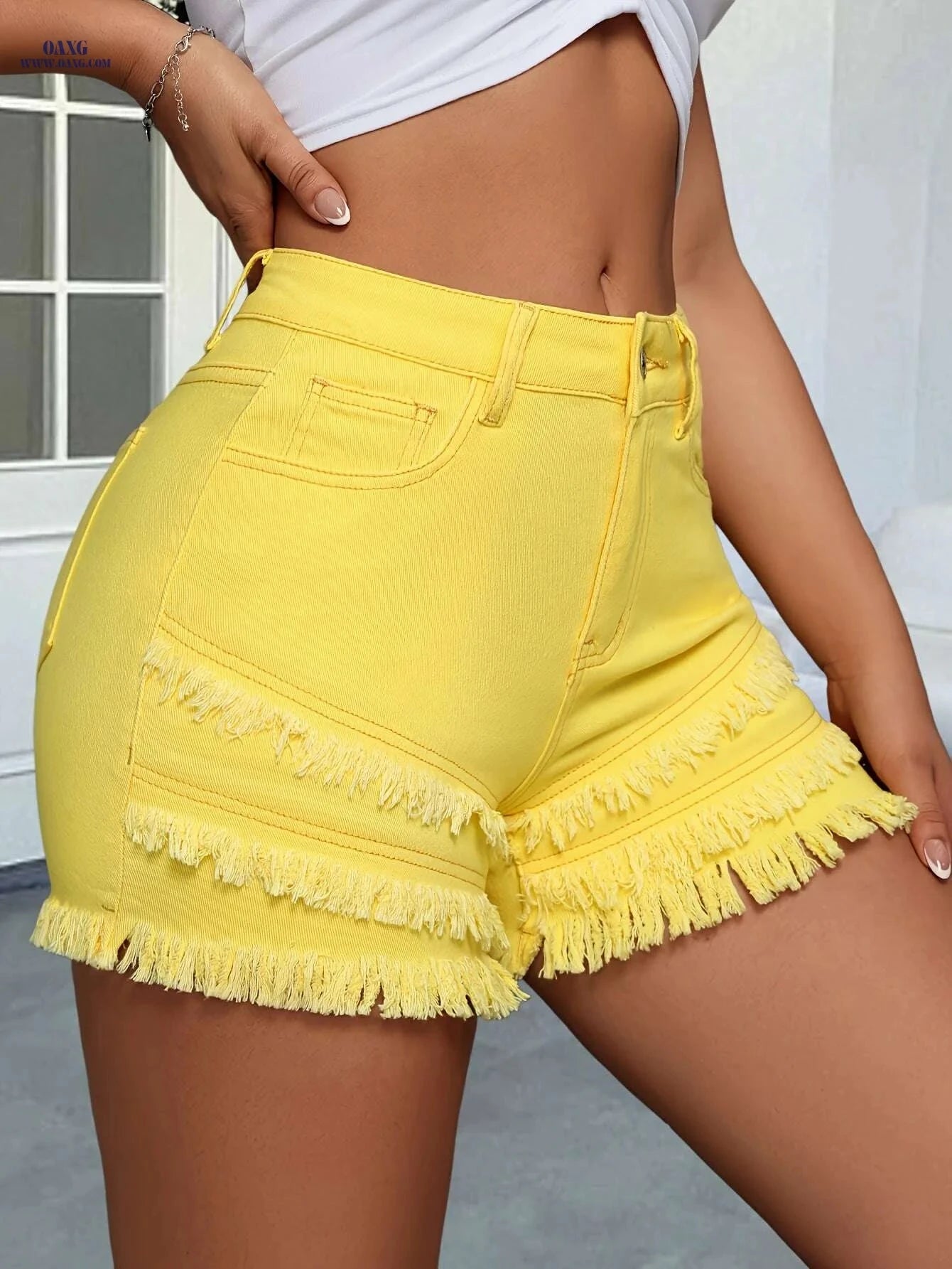 Elegant Yellow Tassel Shorts - Stretchy Cotton for Spring/Summer   OAXG 