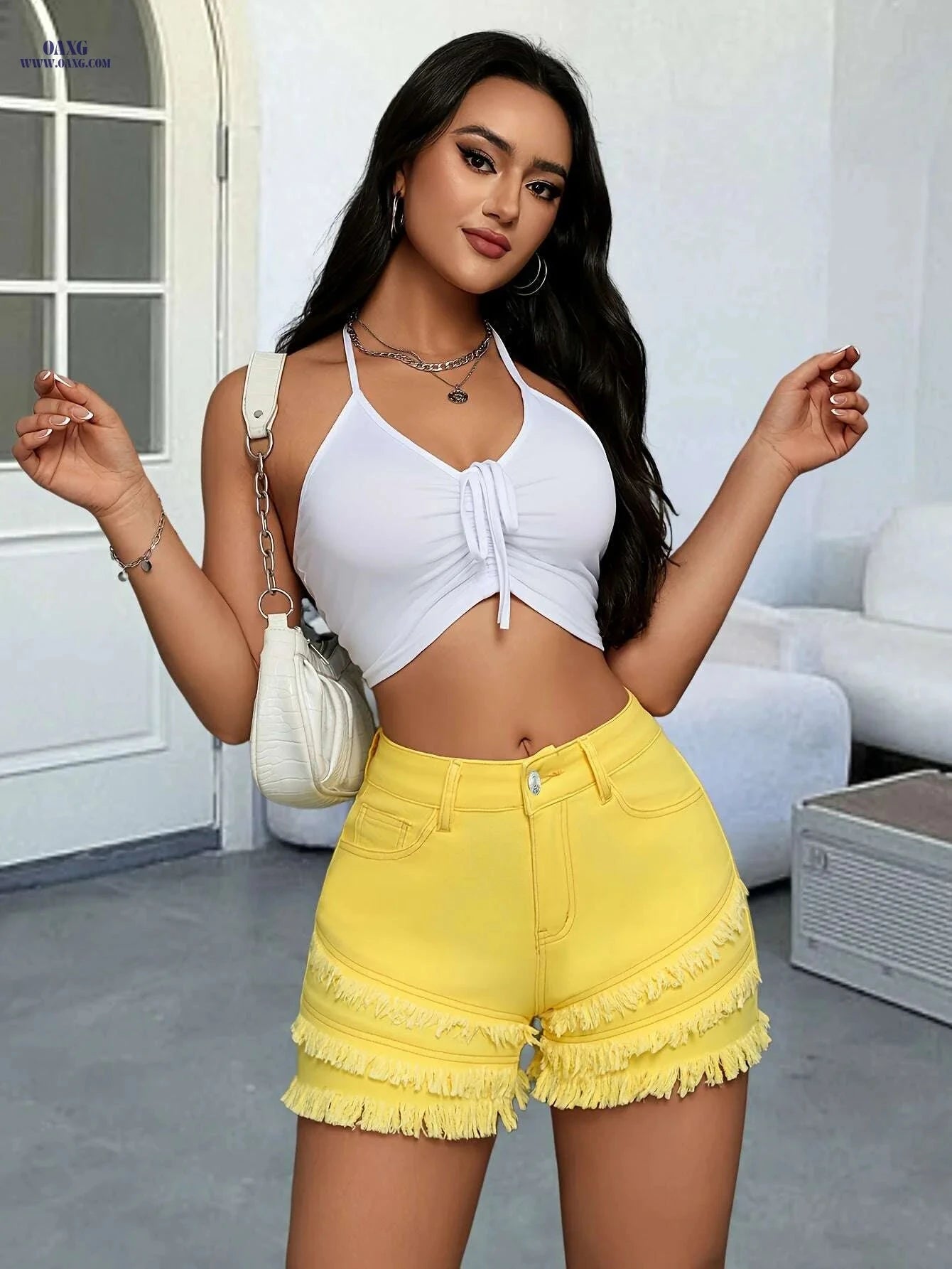 Elegant Yellow Tassel Shorts - Stretchy Cotton for Spring/Summer   OAXG 
