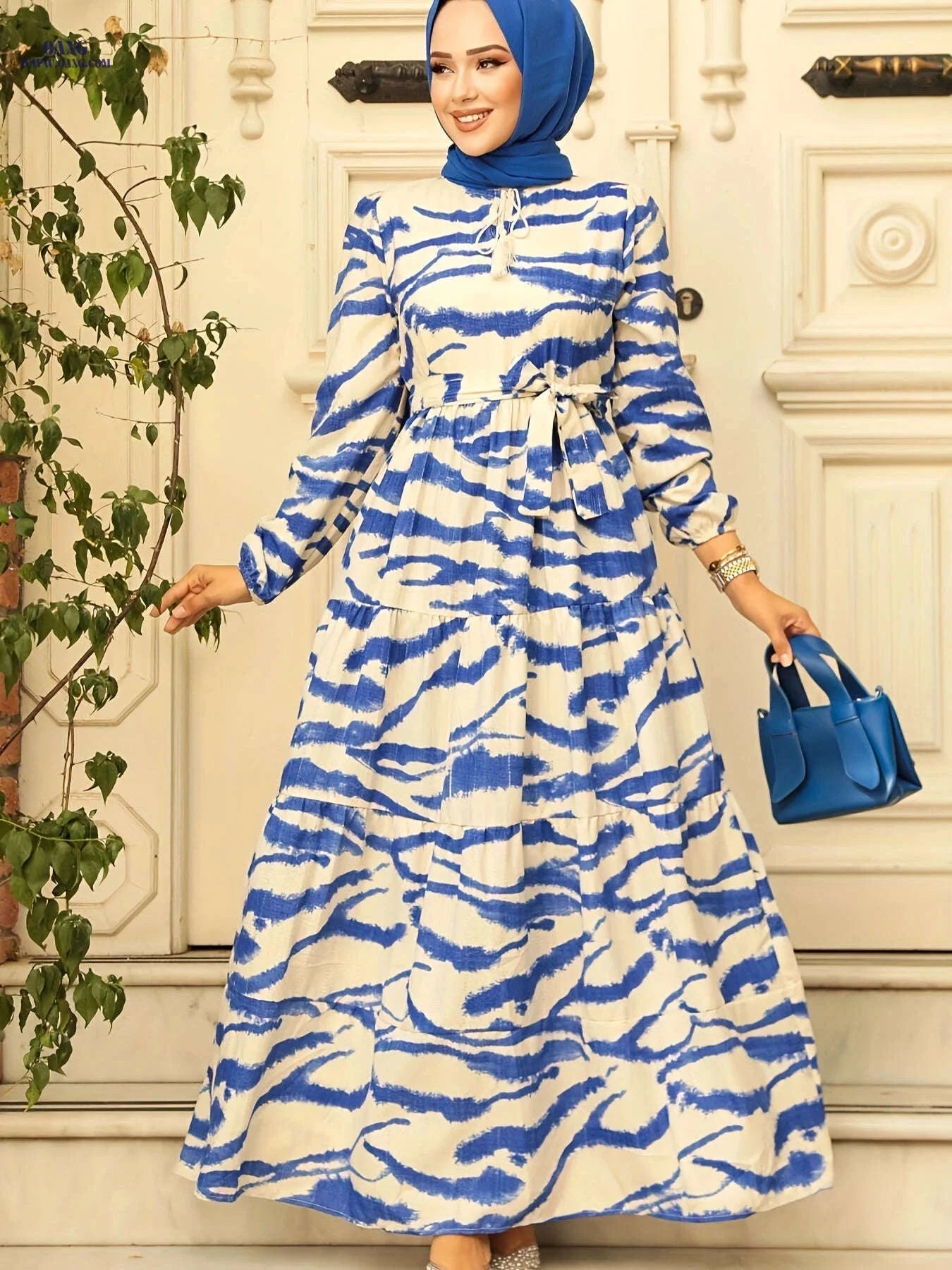 Elegant Zebra Print A-Line Dress with Tassel Tie - Long Sleeve   OAXG 