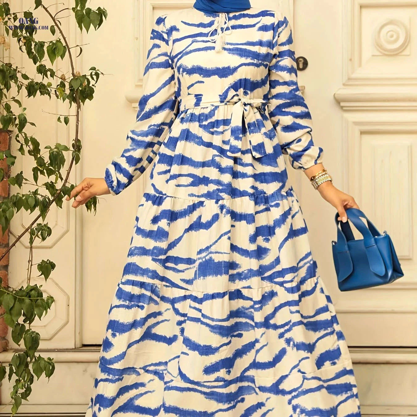 Elegant Zebra Print A-Line Dress with Tassel Tie - Long Sleeve   OAXG Vibrant Blue / S