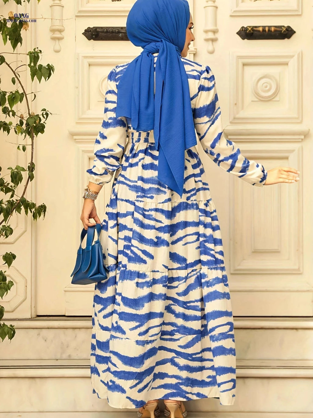 Elegant Zebra Print A-Line Dress with Tassel Tie - Long Sleeve   OAXG 
