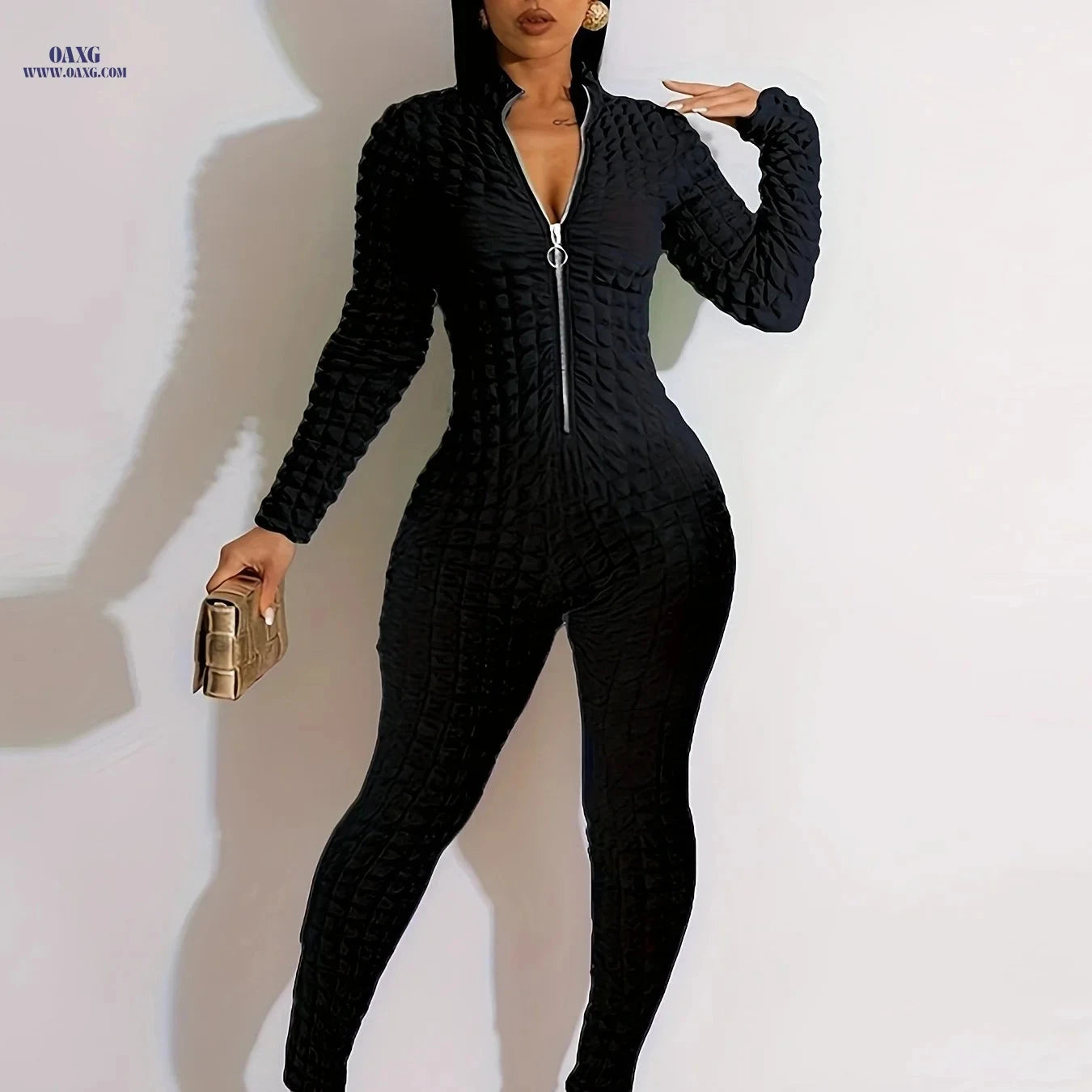Elegant Zip-Up Jumpsuit - Solid Color, Long Sleeve, Bubble Fabric   OAXG 
