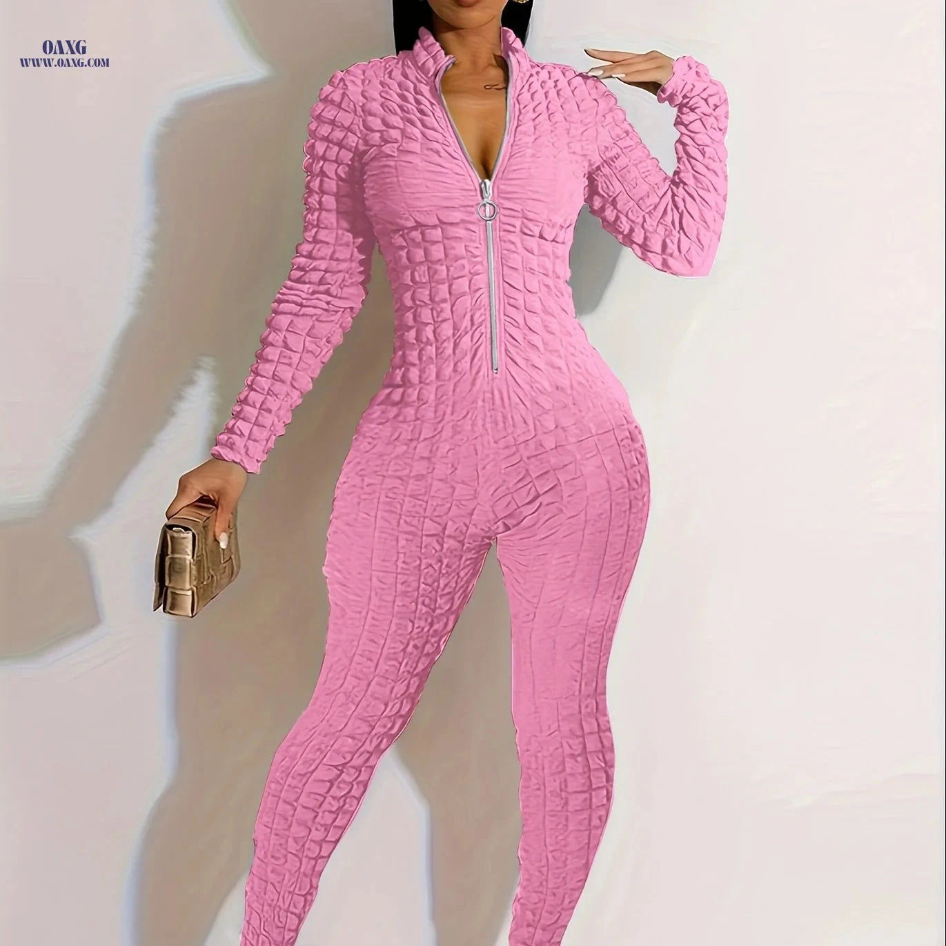 Elegant Zip-Up Jumpsuit - Solid Color, Long Sleeve, Bubble Fabric   OAXG 