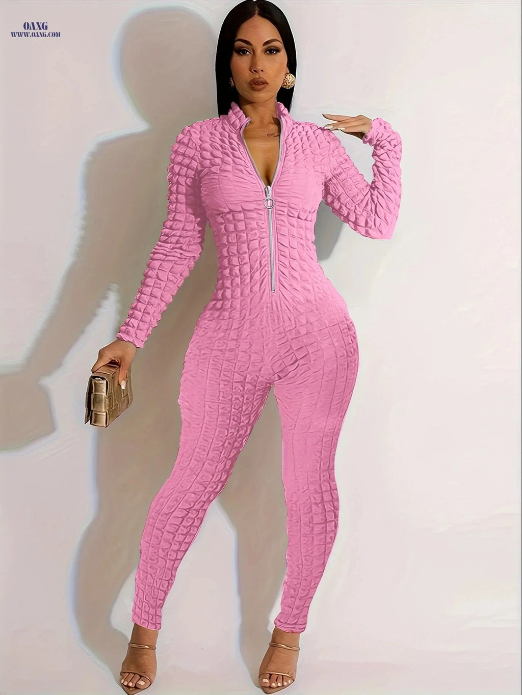 Elegant Zip-Up Jumpsuit - Solid Color, Long Sleeve, Bubble Fabric   OAXG 