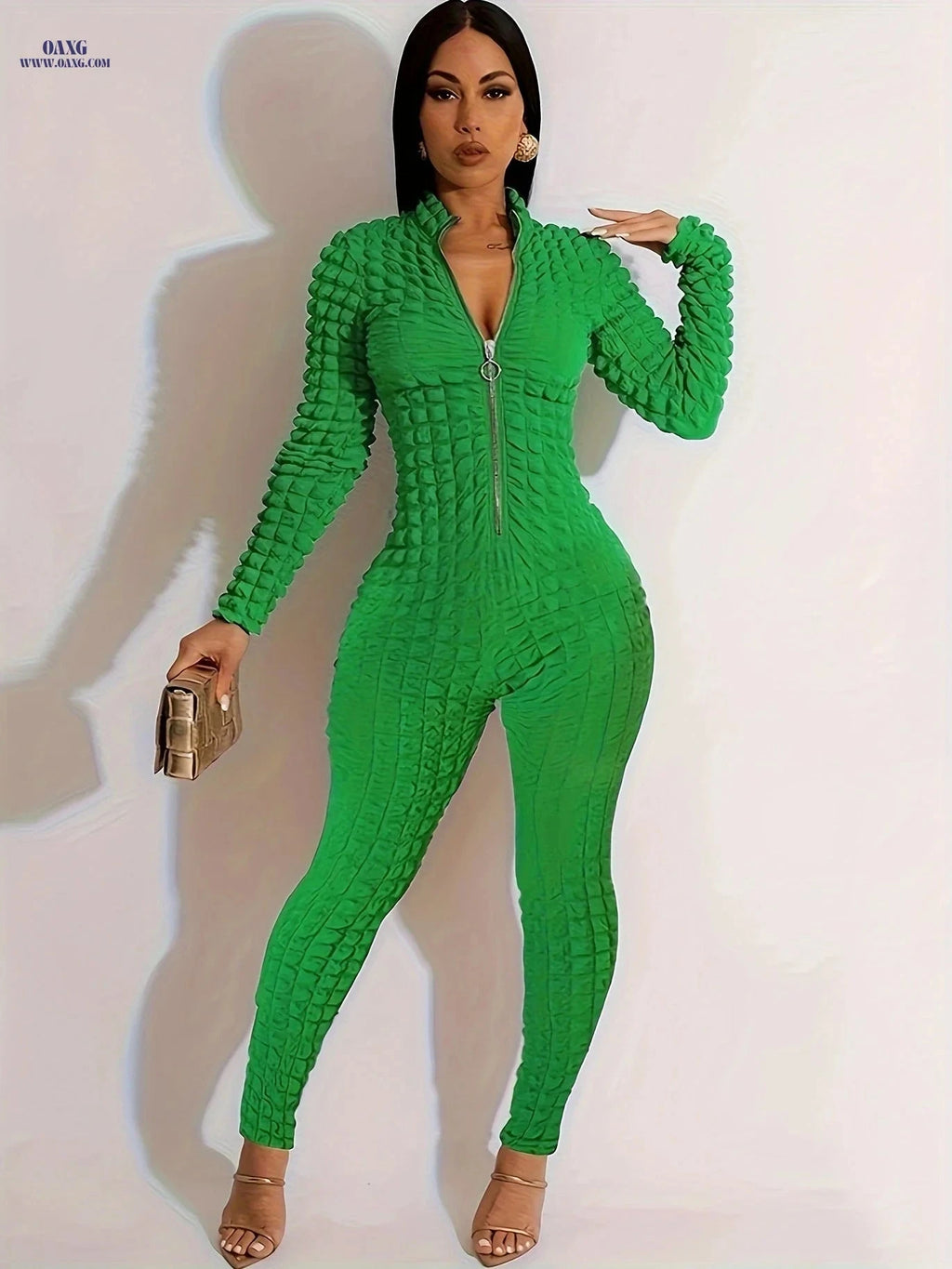 Elegant Zip-Up Jumpsuit - Solid Color, Long Sleeve, Bubble Fabric   OAXG 