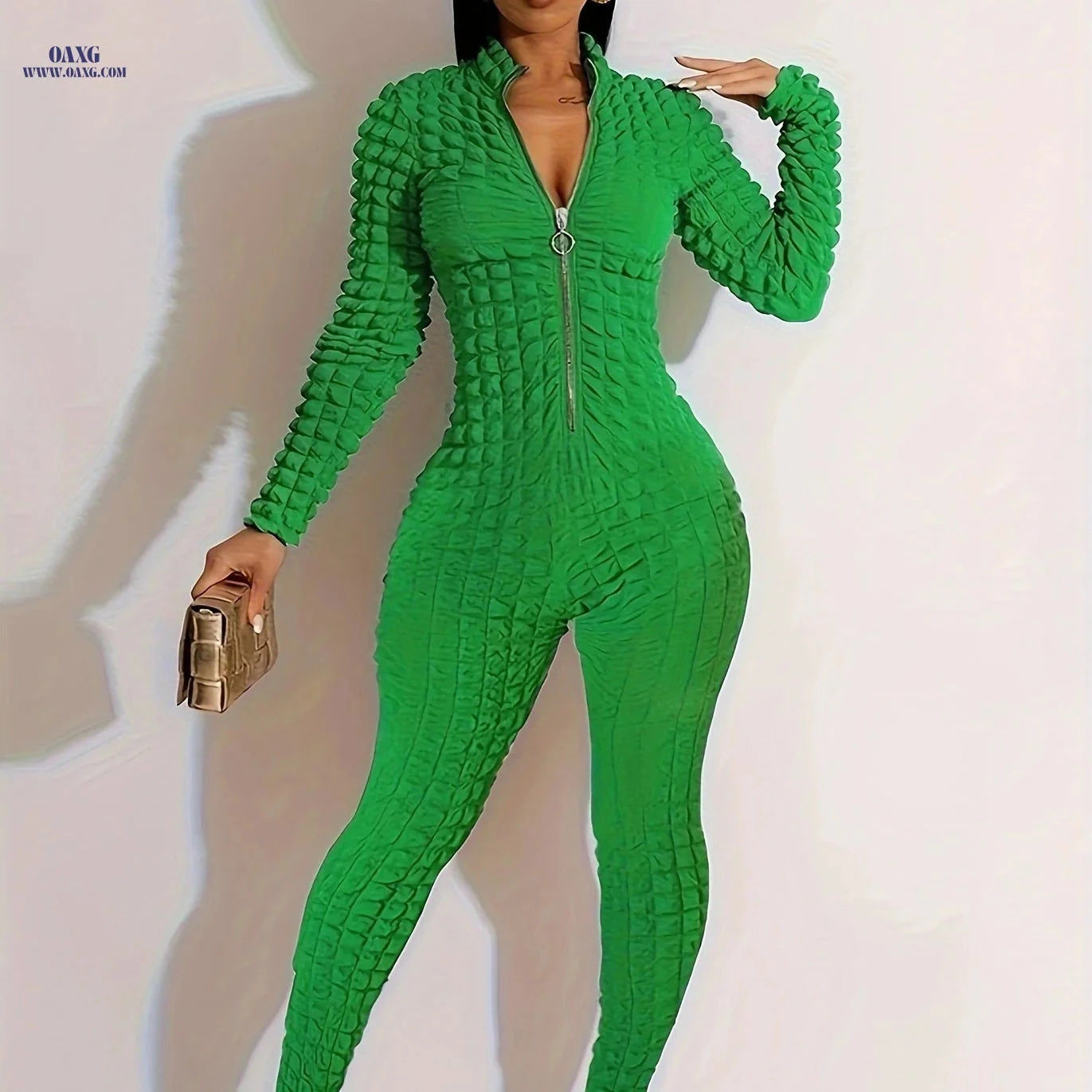 Elegant Zip-Up Jumpsuit - Solid Color, Long Sleeve, Bubble Fabric   OAXG Green / S