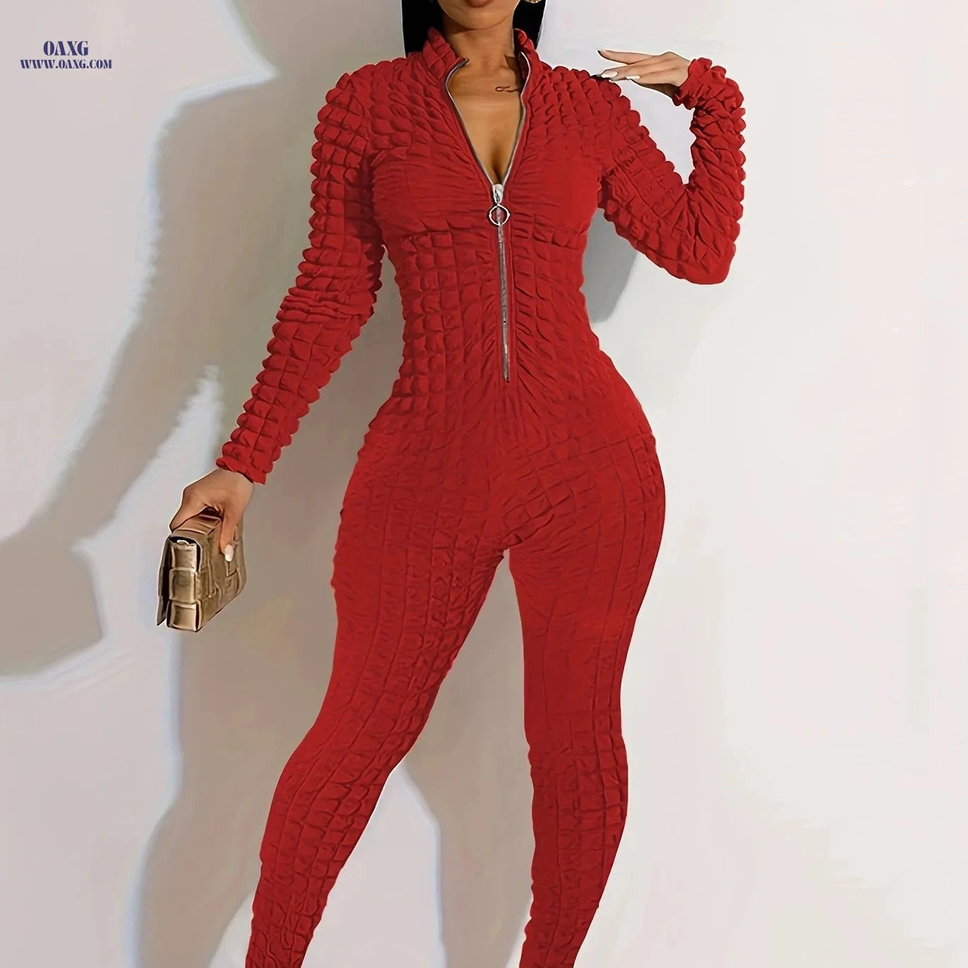 Elegant Zip-Up Jumpsuit - Solid Color, Long Sleeve, Bubble Fabric   OAXG Green / S