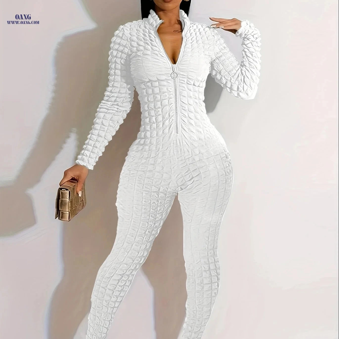 Elegant Zip-Up Jumpsuit - Solid Color, Long Sleeve, Bubble Fabric   OAXG Green / S