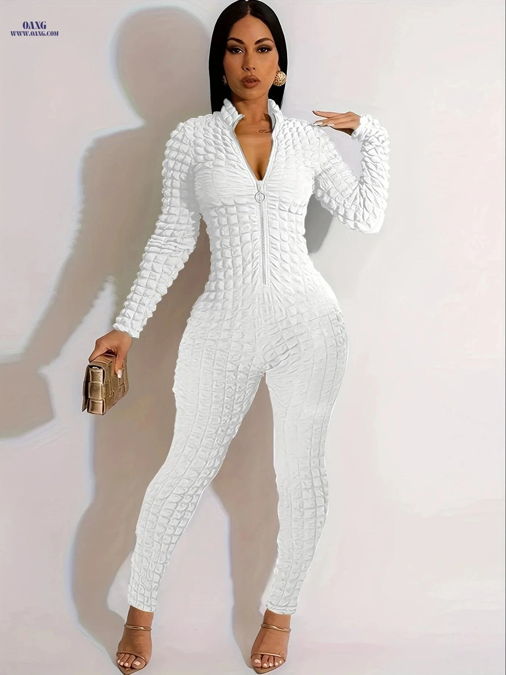 Elegant Zip-Up Jumpsuit - Solid Color, Long Sleeve, Bubble Fabric   OAXG Green / S