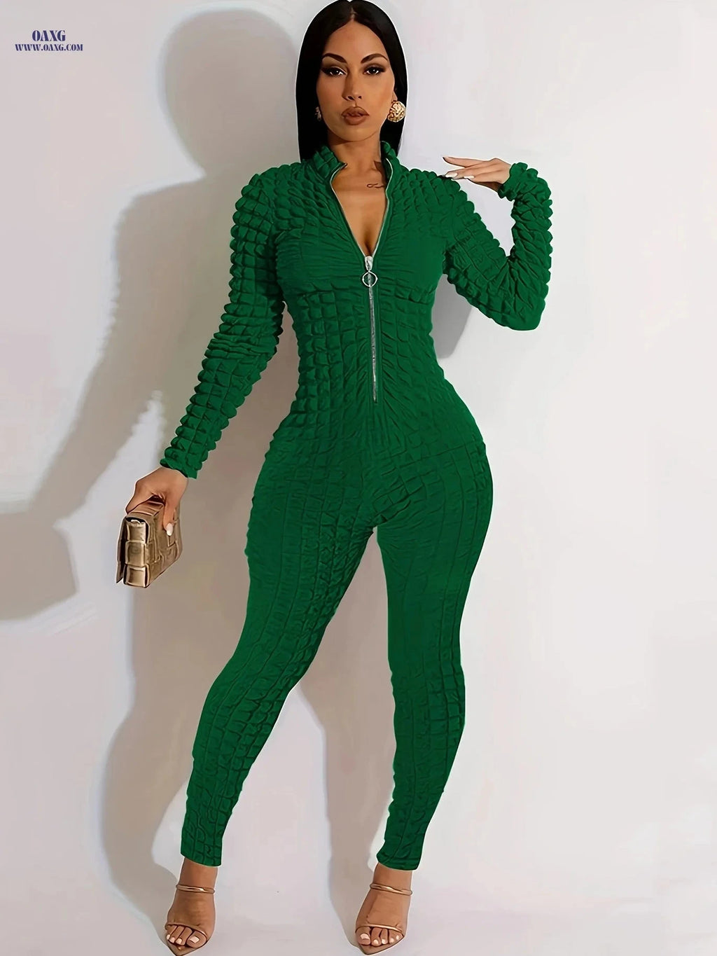 Elegant Zip-Up Jumpsuit - Solid Color, Long Sleeve, Bubble Fabric   OAXG 