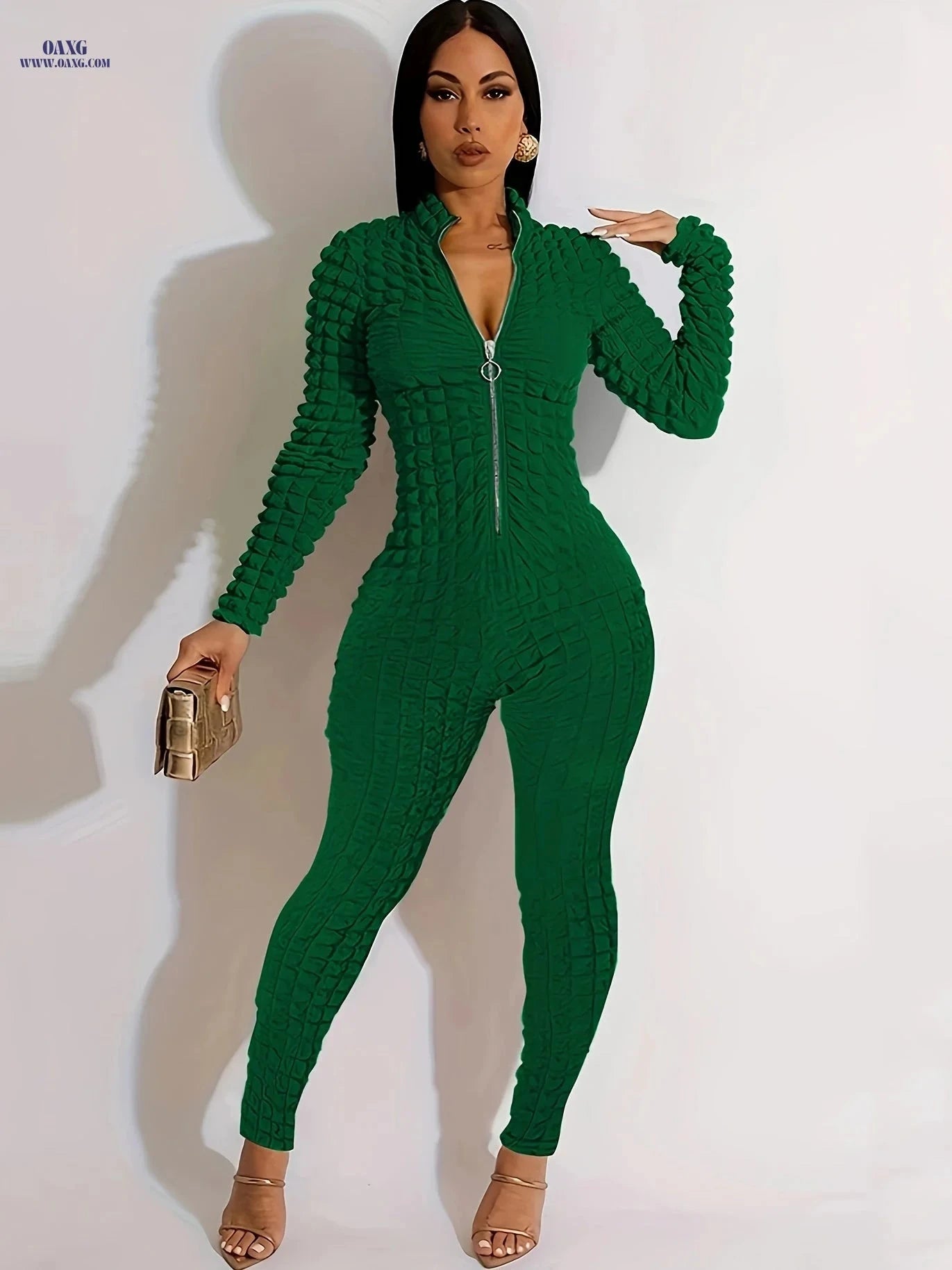 Elegant Zip-Up Jumpsuit - Solid Color, Long Sleeve, Bubble Fabric   OAXG 